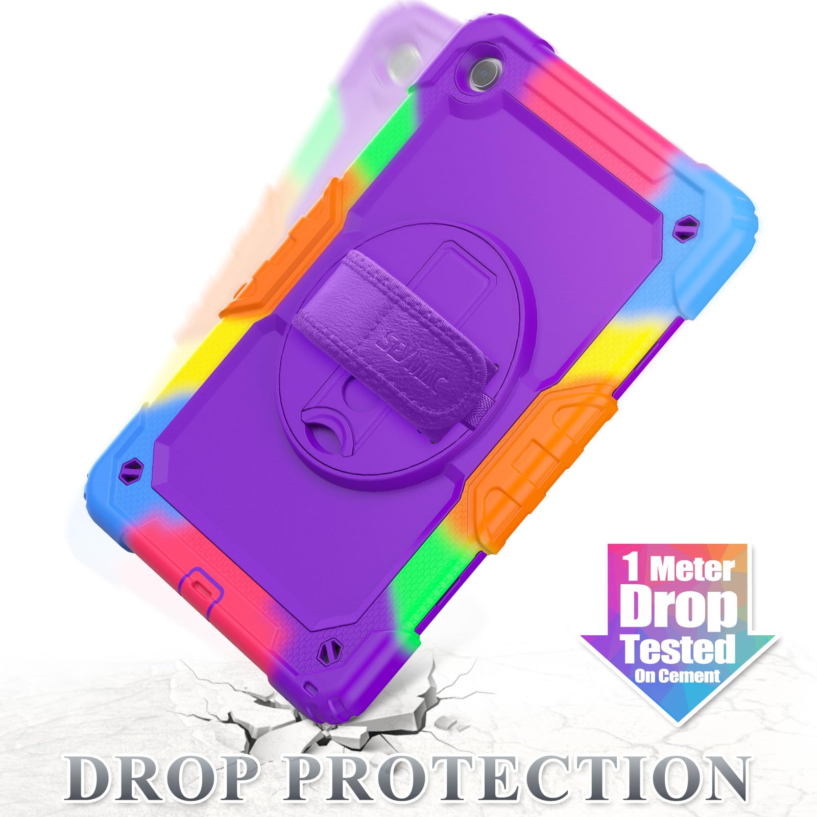 Seymac Stock 360 Hand Strap Shockproof Case For Samsung Galaxy Tab A9 Plus 11 Inch, Purple+Colorful