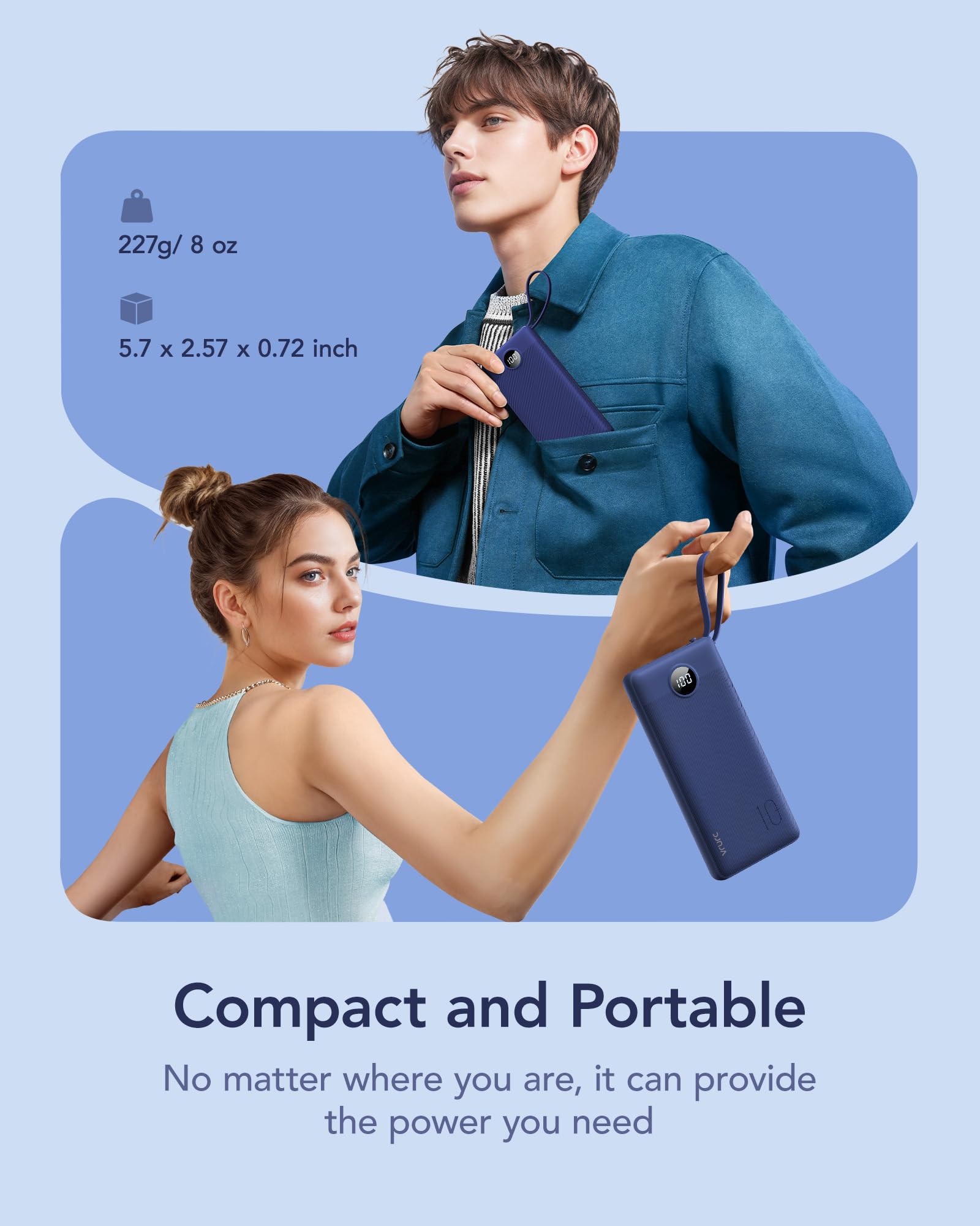 Vrurc Portable Charger Power Bank, 10000Mah Travel Essentials, 5 Outputs 2 Inputs Slim Battery Pack Built-In Cables Cords Compat