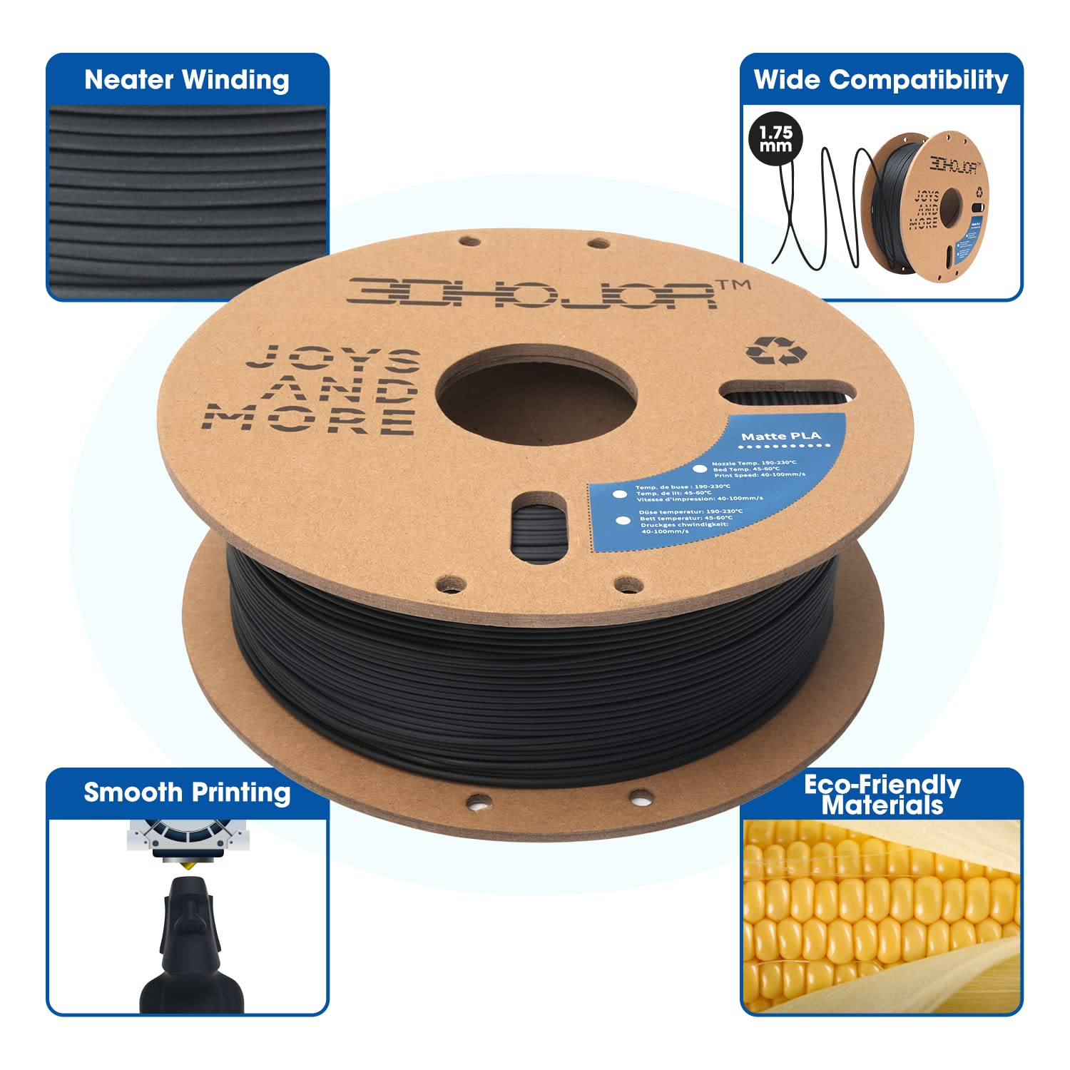 3Dhojor Matte Pla Filament 1.75Mm, Upgrade Matte 3D Printer Pla Filament, 1Kg Cardboard Spool 3D Printing Filament For 3D Printe