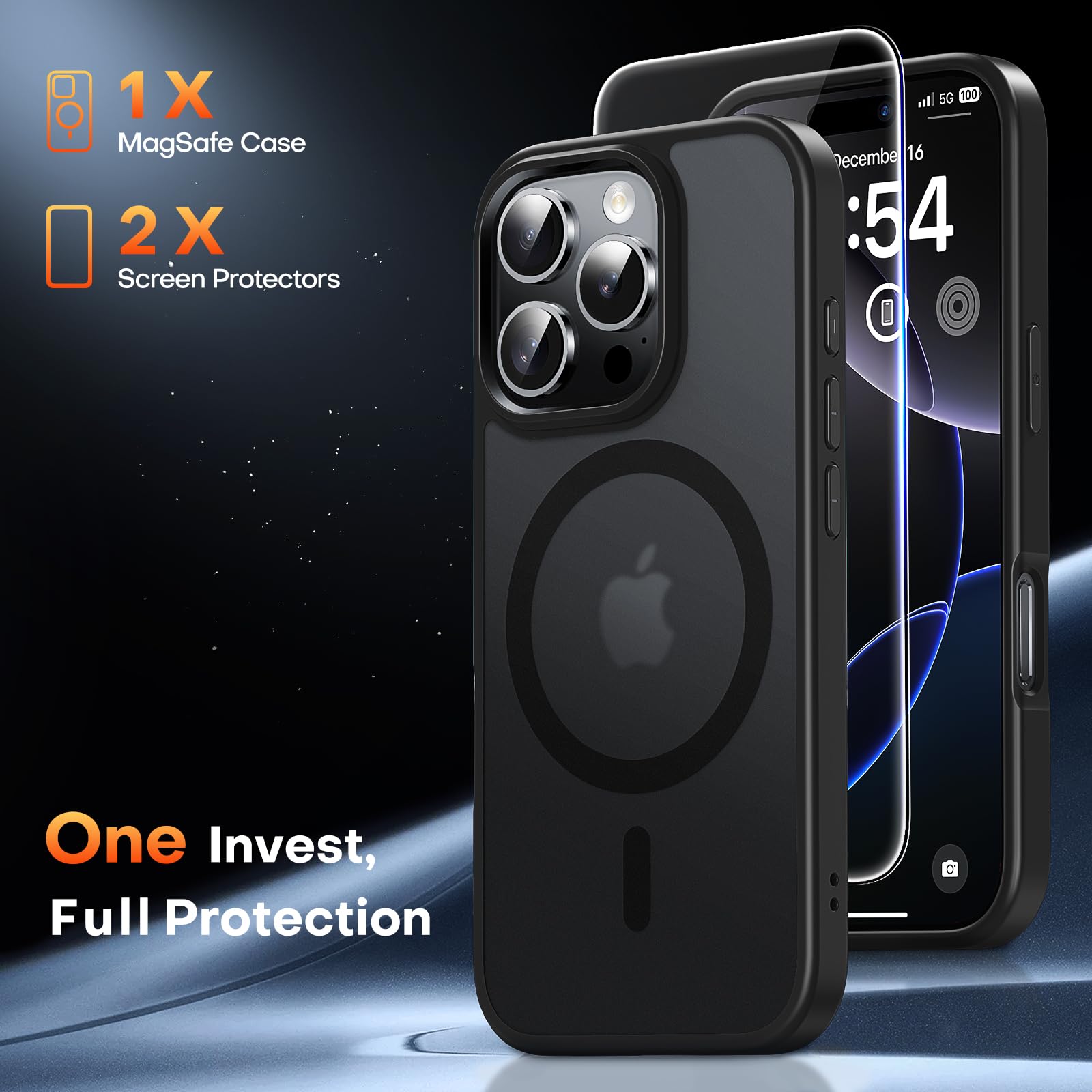 Tauri 3 In 1 For Iphone 16 Pro Max Case, [Compatible With Magsafe] With 2X Screen Protectors, Slim Translucent Matte Magnetic Ph