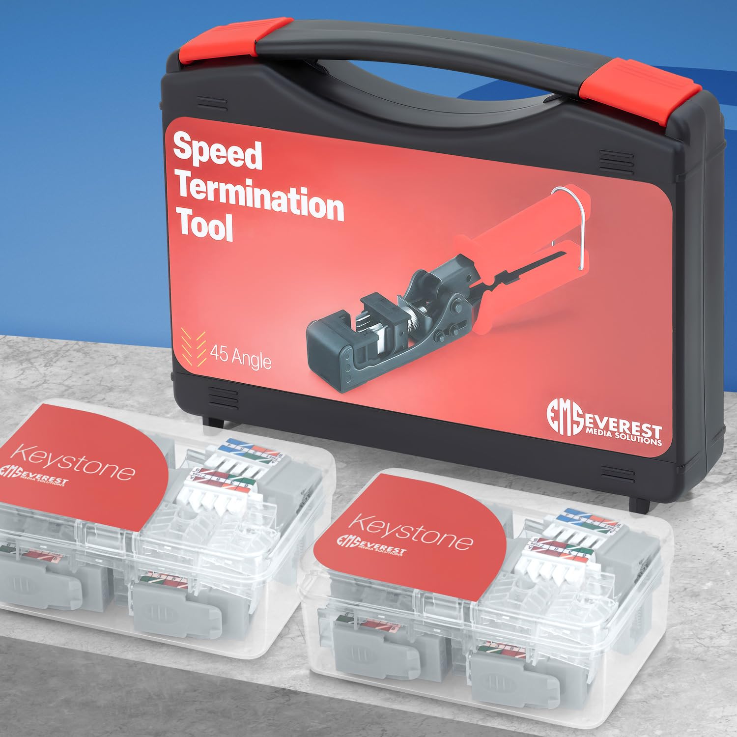 Everest Media Solutions 45Term   45 Angled Speed Termination Tool   With 20 Pack Of 45 Angled Cat6 Keystone Jacks In Gray Color