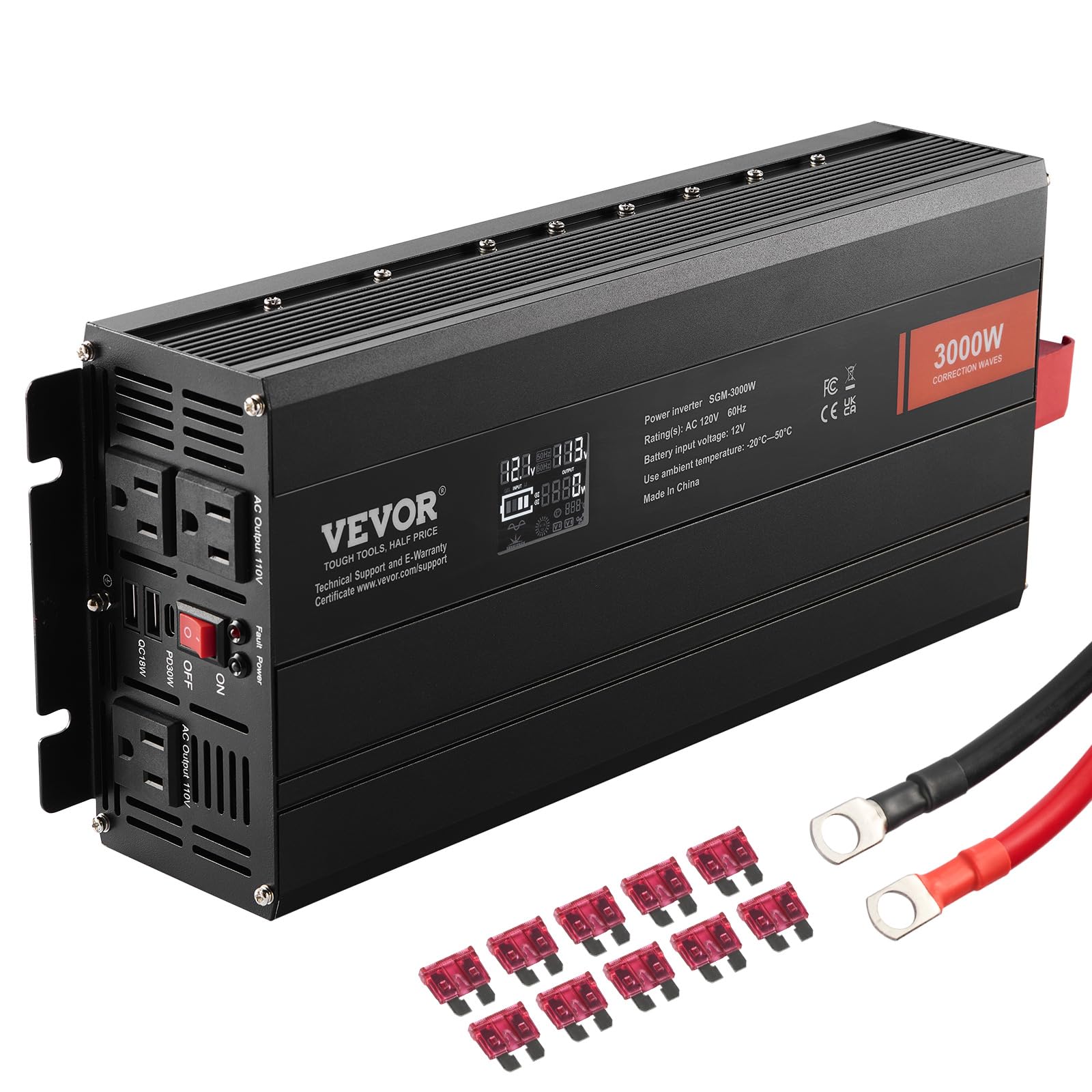 VEVOR Modified Sine Wave Inverter, 3000Watt Power Inverter DC 12V to AC 120V LCD Display with 3 AC Outlets 2 USB Port 1 Type-C P