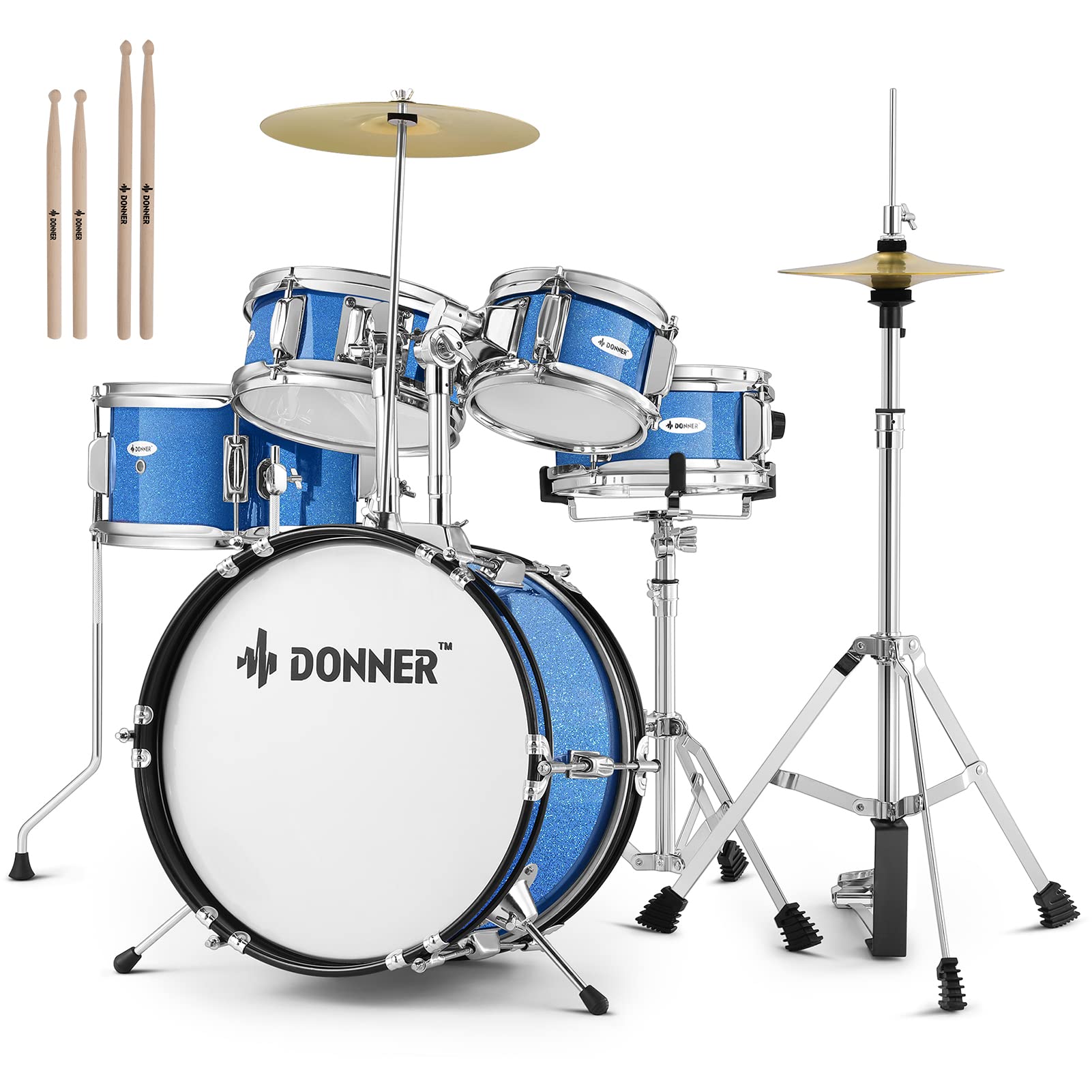 Kids Drum Sets Donner 5 Piece For Beginners,14 Inch Junior Drum Kit, With Adjustable Throne, Cymbal, Hi Hat, Pedal & Drumstick,