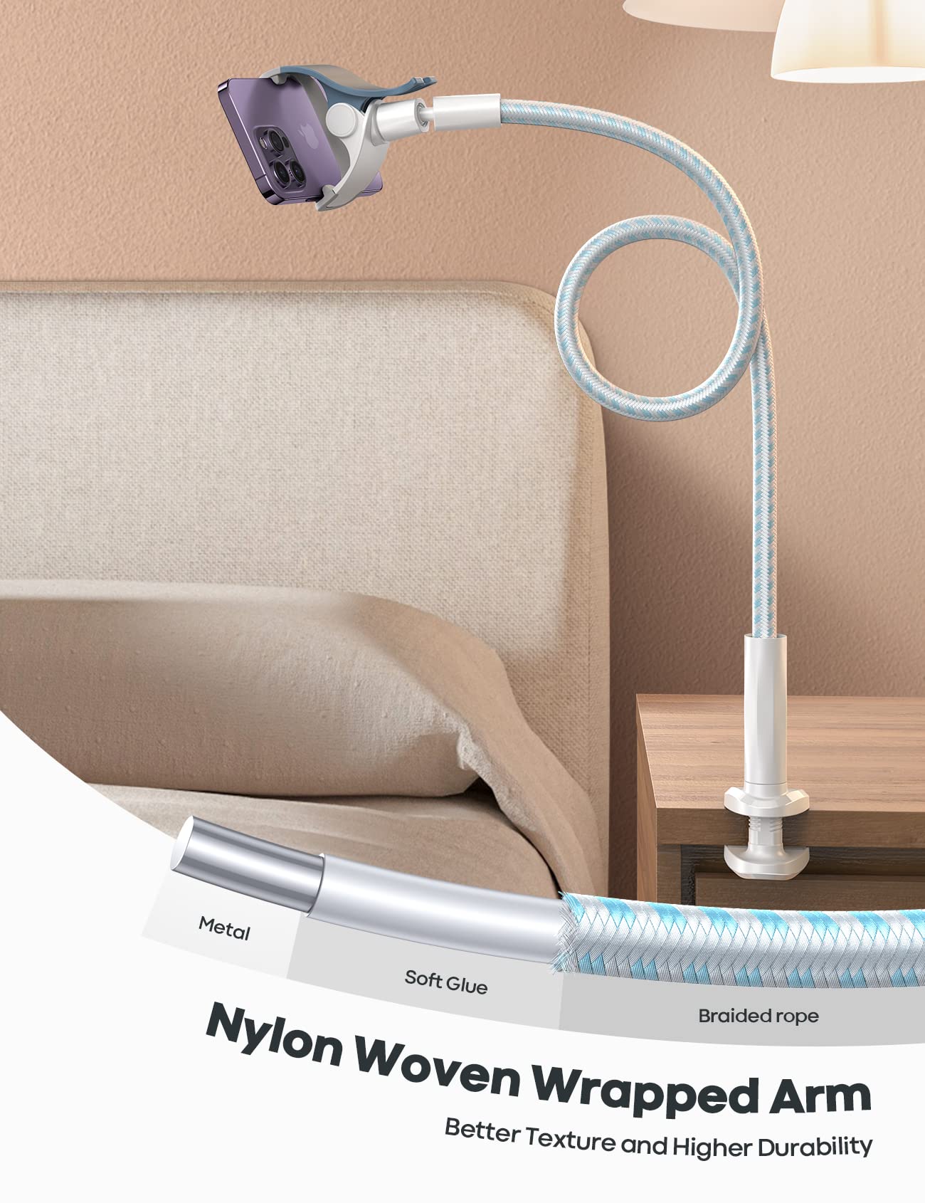 Lamicall Gooseneck Phone Holder Bed   [Nylon Braided] Flexible Arm, Overall Length 38Inch, 360 Adjustable Clamp Clip, Overhead C