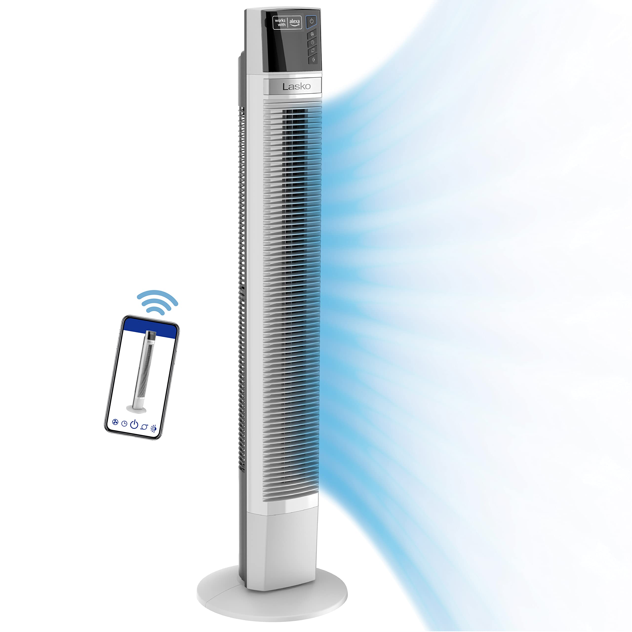 Lasko Works with Alexa Oscillating Tower Fan, Voice Controlled, 4 Quiet Speeds, Sleep Mode, Timer, Bedroom, Living Room, 48, Whi