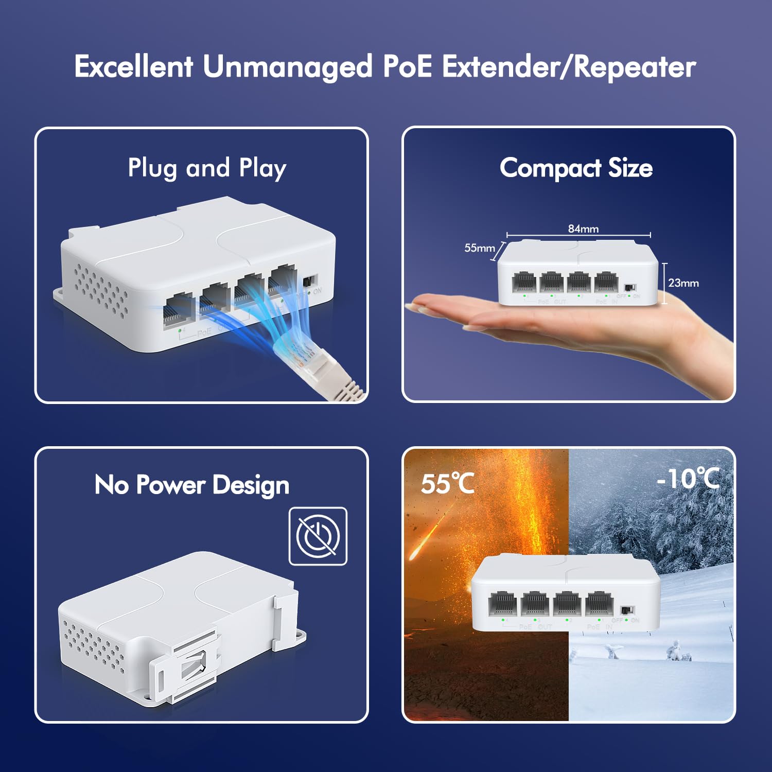 Yuanley 4 Port Poe Extender With 3 Poe Out, Ieee 802.3Af/At Mini 4 Channel Poe Repeater 100Mbps, Wall And Din Rail Mount Passthr