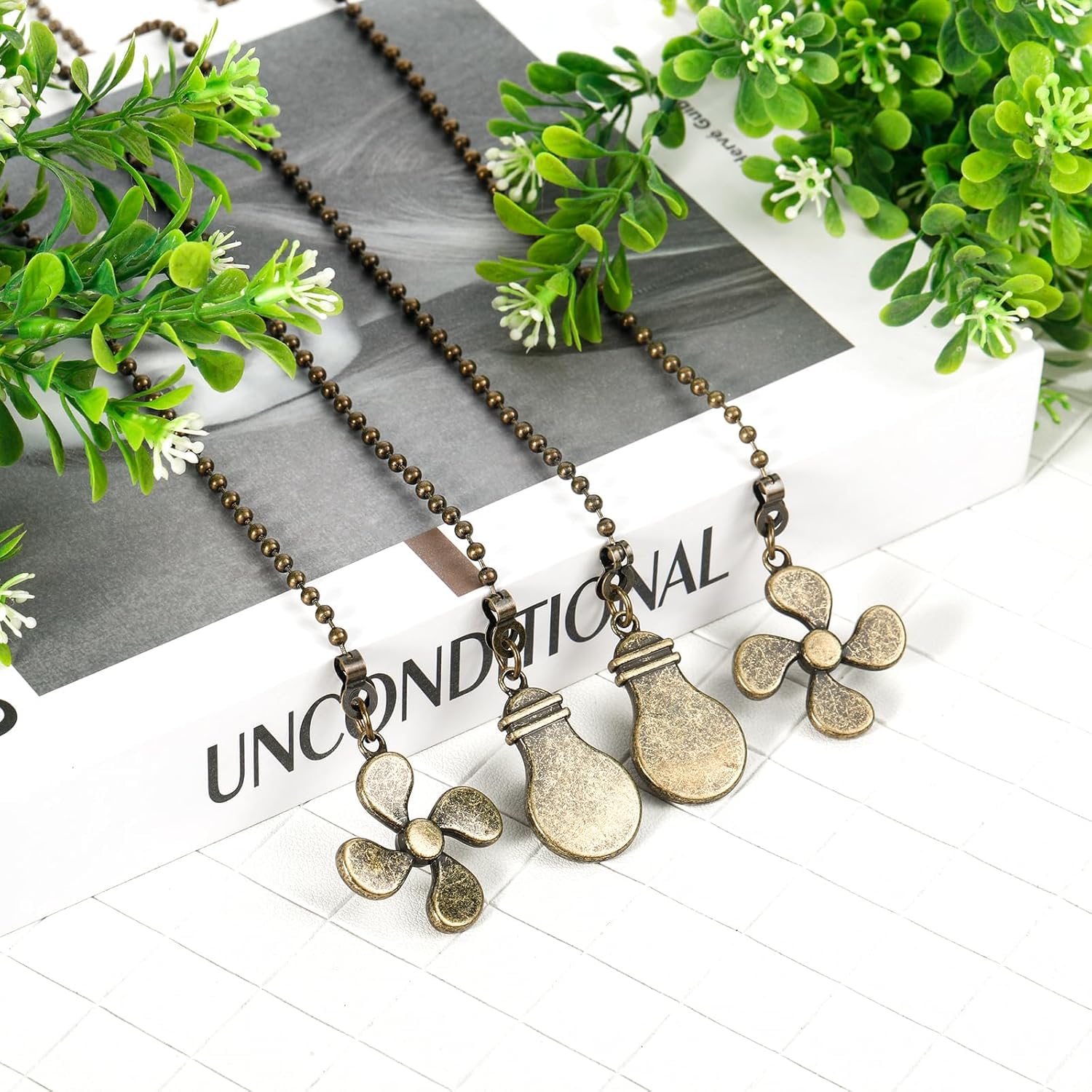 Sur Ciel 2Pcs Ceiling Fan Pull Chain, Bulb And Fan Pattern Fan Pull Chain Extensions, Ceiling Fan Pull Chain Extender, Pull Chai