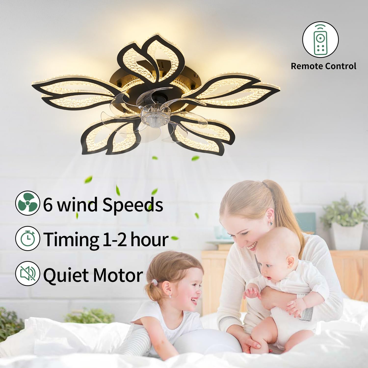 Yfrest Geometric Ceiling Fan With Light, Black, 26', 3000K 6000K, Remote Control, Low Profile, For Bedroom