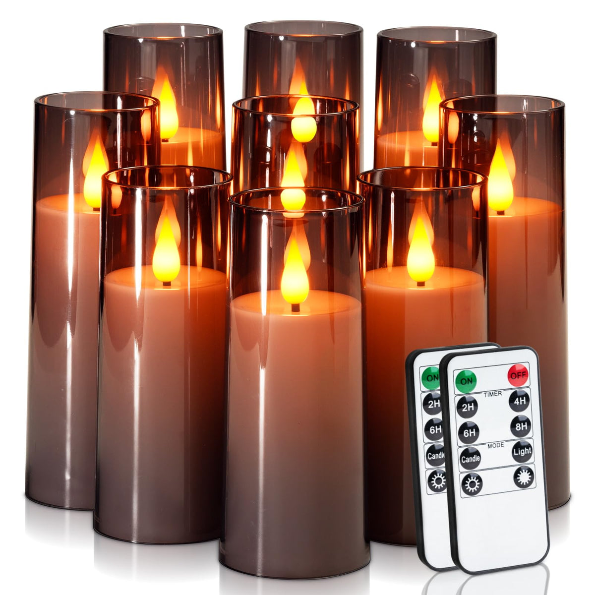 Amagic Grey Flameless Candles 9 Set, Battery Operated Candles With Remote Control And Timer, Flickering Led Pillar Candles For H