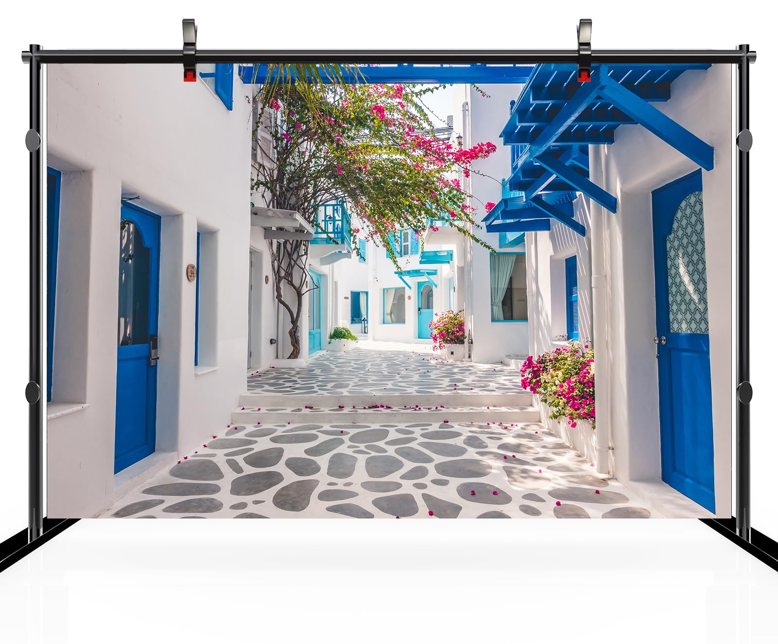 Chnywork 7Ftx5Ft Greece Backdrop Santorini Morocco Blue Window Flowers Street Scenery Photo Background For Greece Wedding Birthd