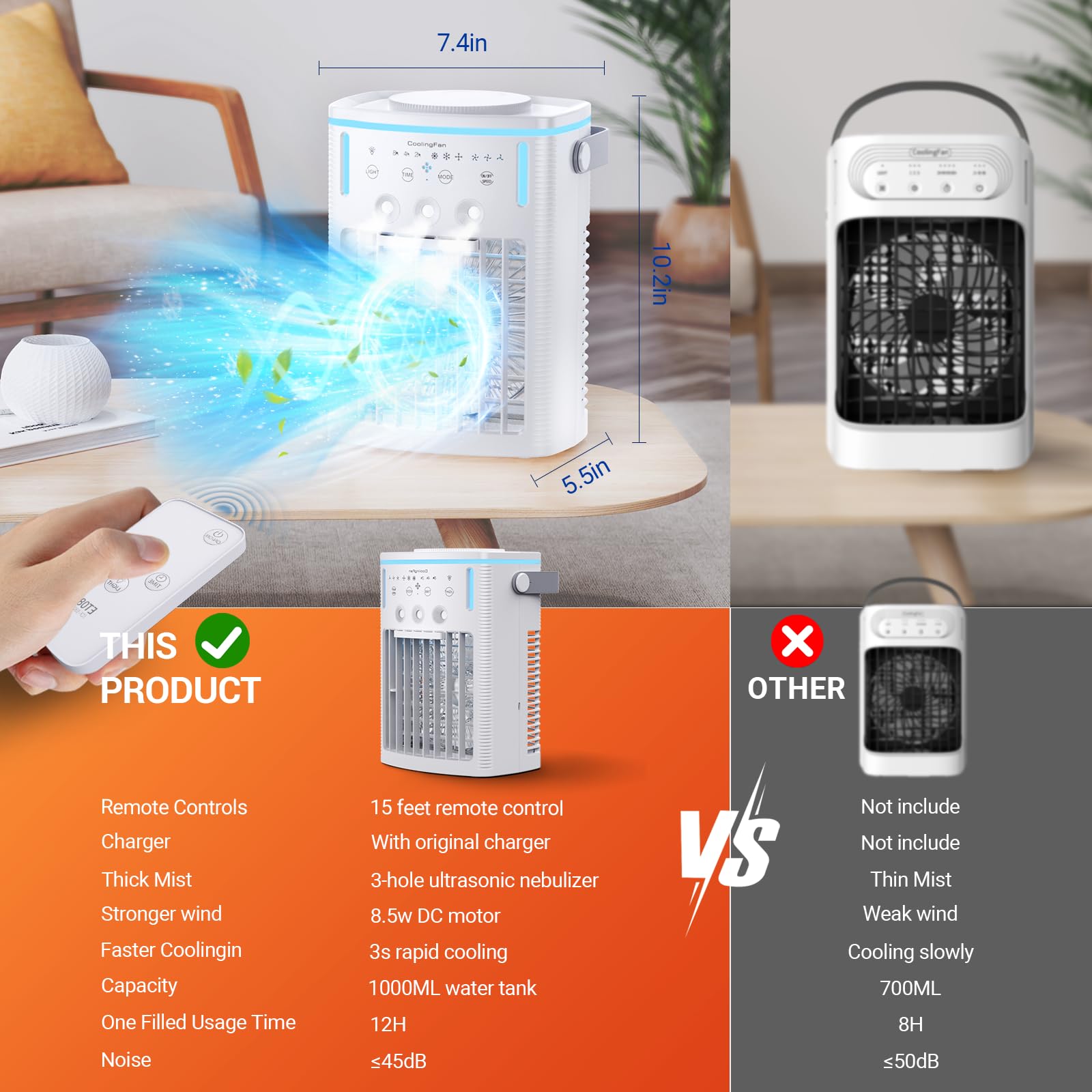 Angfa Portable Air Conditioners,Evaporative Air Cooler With 1000Ml Water Tank,3 Spray Ports,3 Speeds & 3 Mist Level,7 Color Nigh