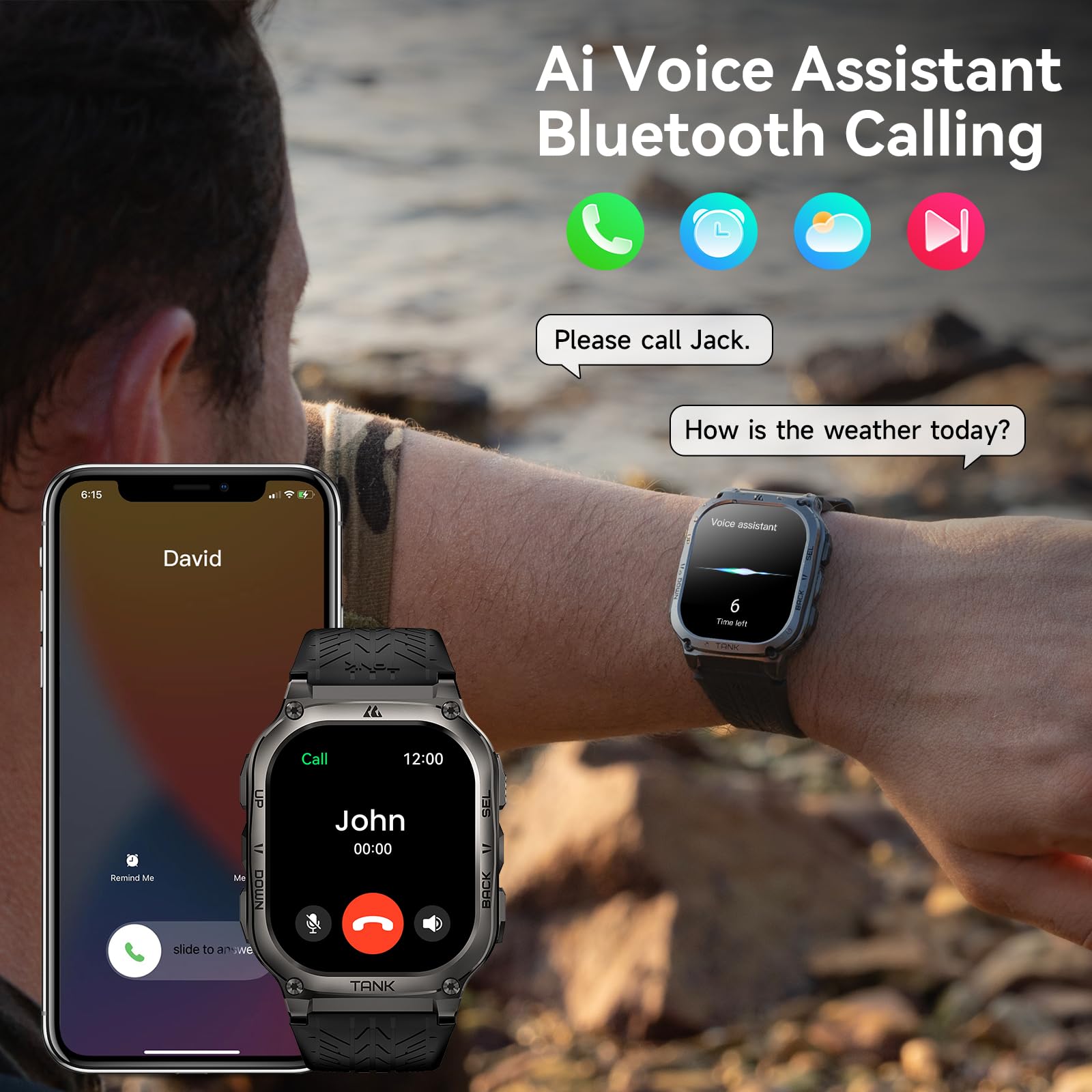 Amaztim Smart Watch, 60 Days Extra-Long Battery, 50M Waterproof, Rugged Military Bluetooth Call(Answer/Dial Calls), 2.0 '' Ultra