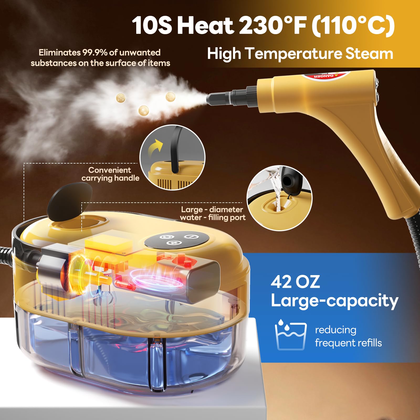 Yikeda Handheld Steam Cleaner, 10S Fast Handheld Heating Steamer For Cleaning 15-In-1 High Pressure Steam Cleaner For Home & Kit