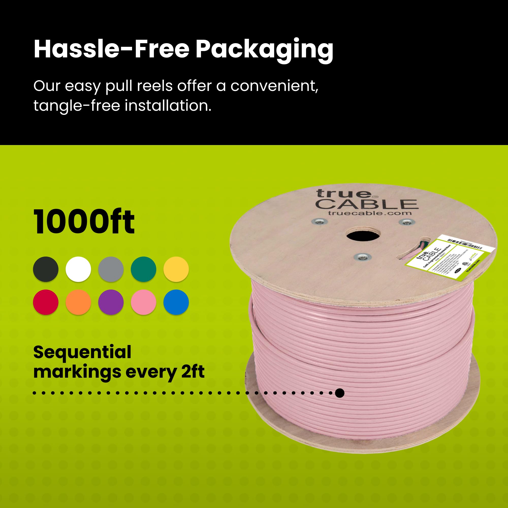 Truecable Cat6A Shielded Riser (Cmr), 1000Ft, Pink, 23Awg Solid Bare Copper, 750Mhz, Poe++ (4Ppoe), Etl Listed, Overall Aluminum Foil Shield (F/Utp), Bulk Ethernet Cable