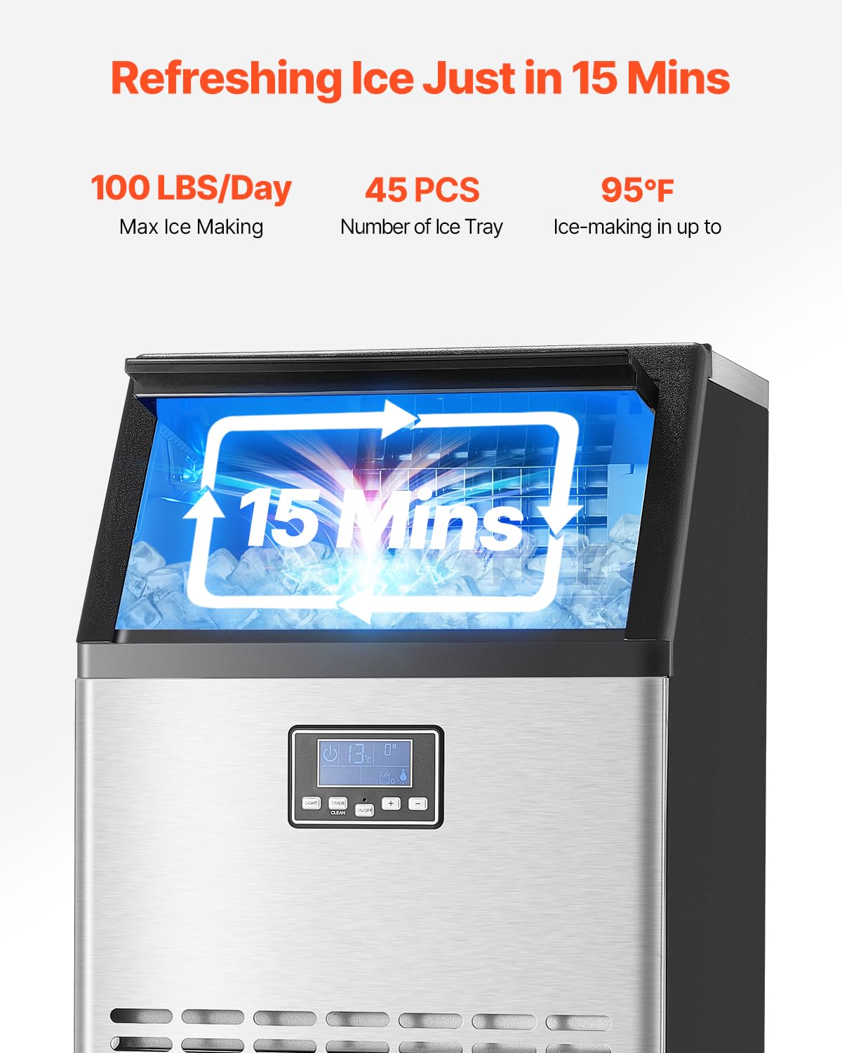 Vevor Commercial Ice Maker Machine, 100Lbs/24H Ice Maker Machine With 33Lbs Storage Capacity, 45 Ice Cubes In 15 Minutes, Led Di