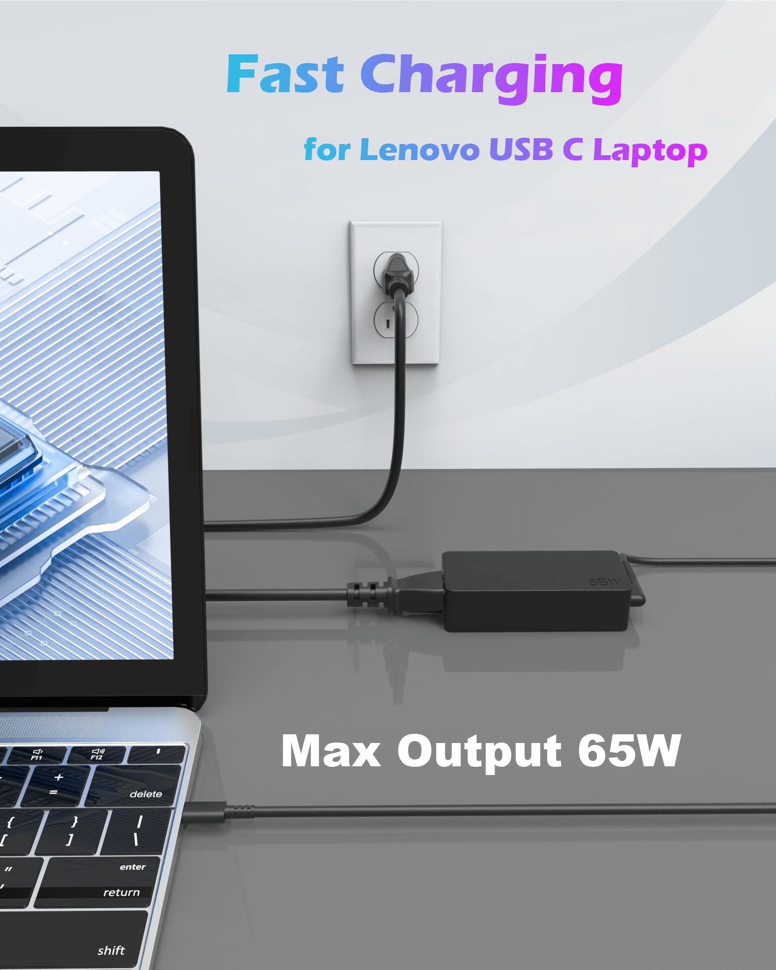 Laptop Charger For Lenovo 65W Usb C, Power Cord For Lenovo Thinkpad X1 Carboon T14 T16 P14S T480 T490 L14 Yoga 7I, Type C 65W Ac