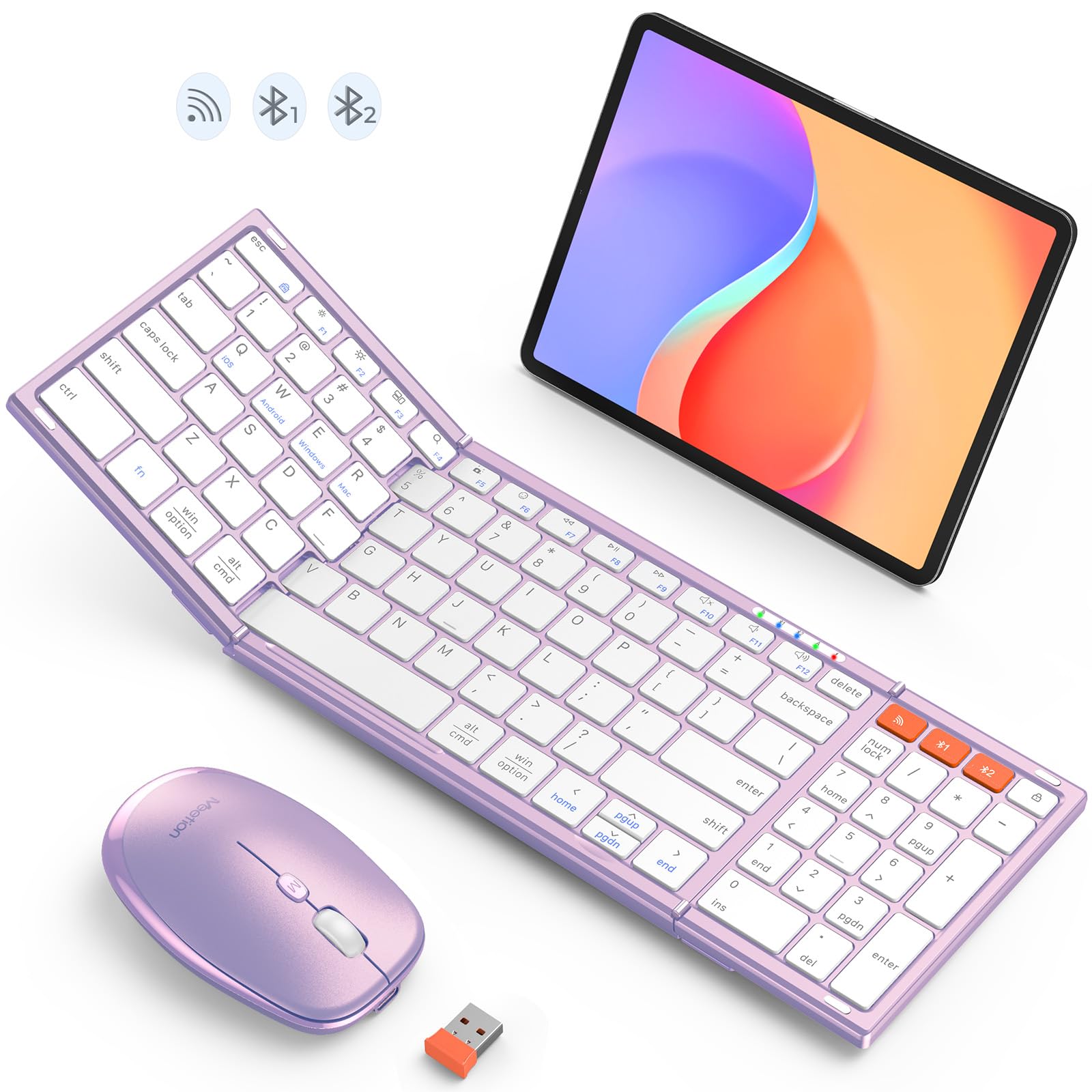 MEETION Foldable Bluetooth Keyboard and Mouse, Portable Combo Purple