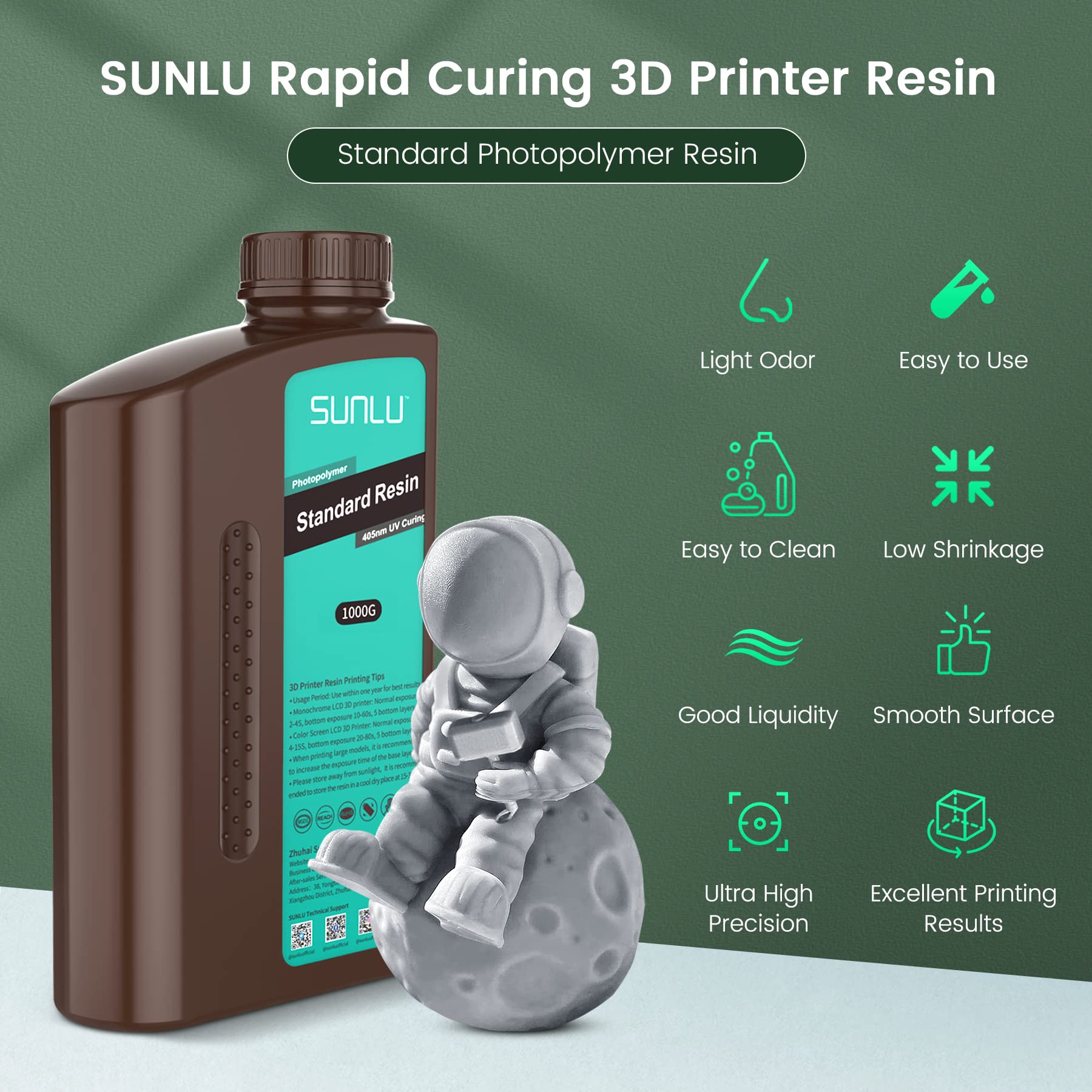 Sunlu 3D Printer Resin 1Kg, Fast Curing Standard 3D Resin For Lcd Dlp Sla 3D Printers, 395 To 405Nm Uv Curing 3D Printing Liquid