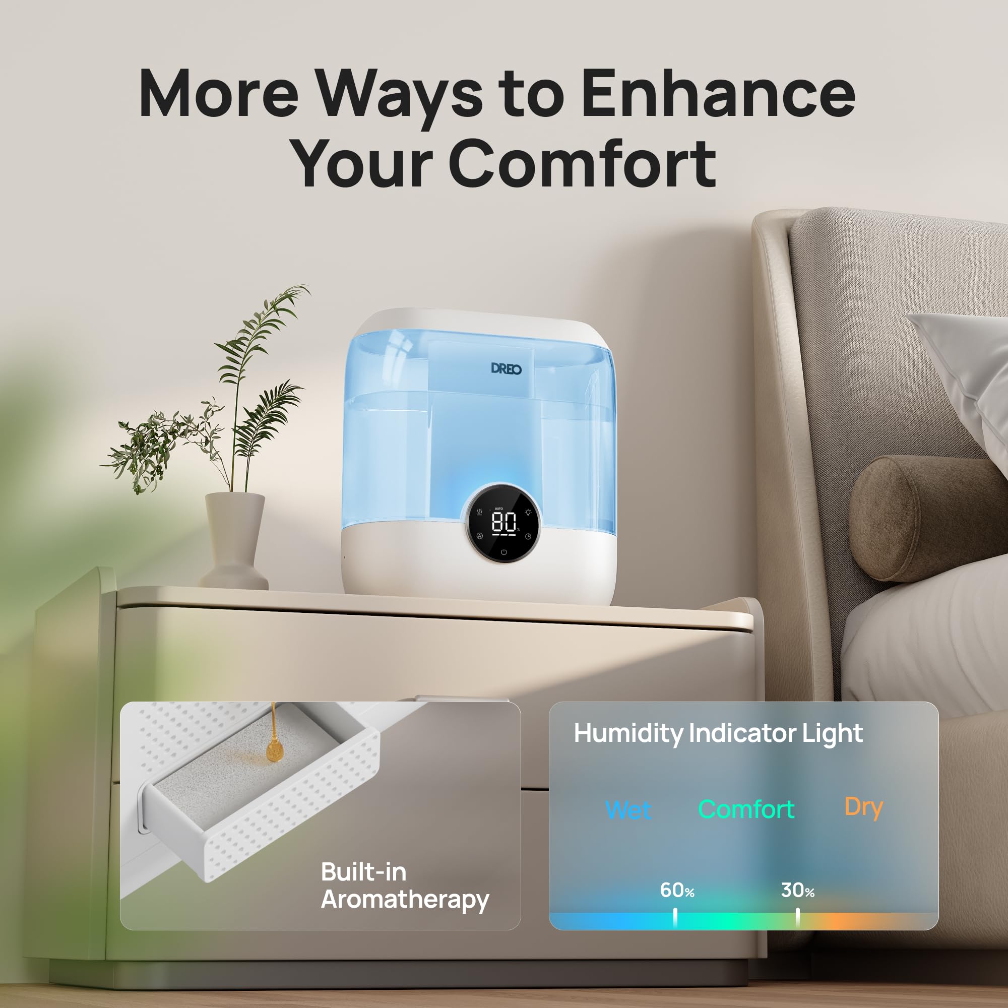 Dreo Humidifiers For Bedroom, 6L Top Fill Supersized Cool Mist Humidifier For Large Room, 60 Hour Runtime, Quiet Ultrasonic Humi