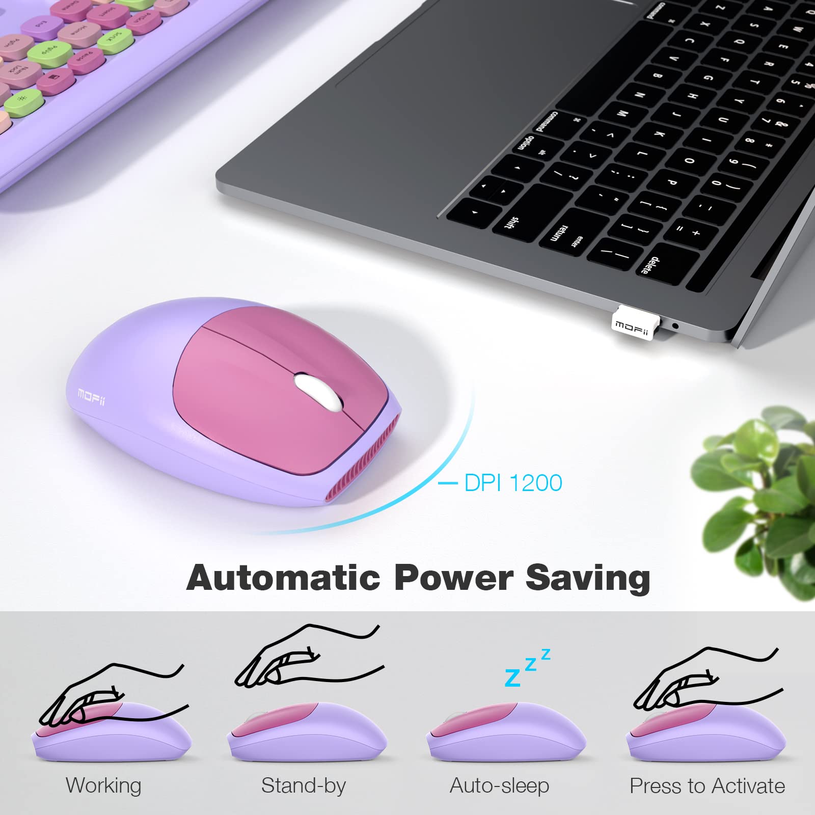 MOFII Wireless Keyboard and Mouse Combo, Slim Ergonomic Design, Full Size, 443*138*29 MM, Purple Colorful, Model: Vikisda