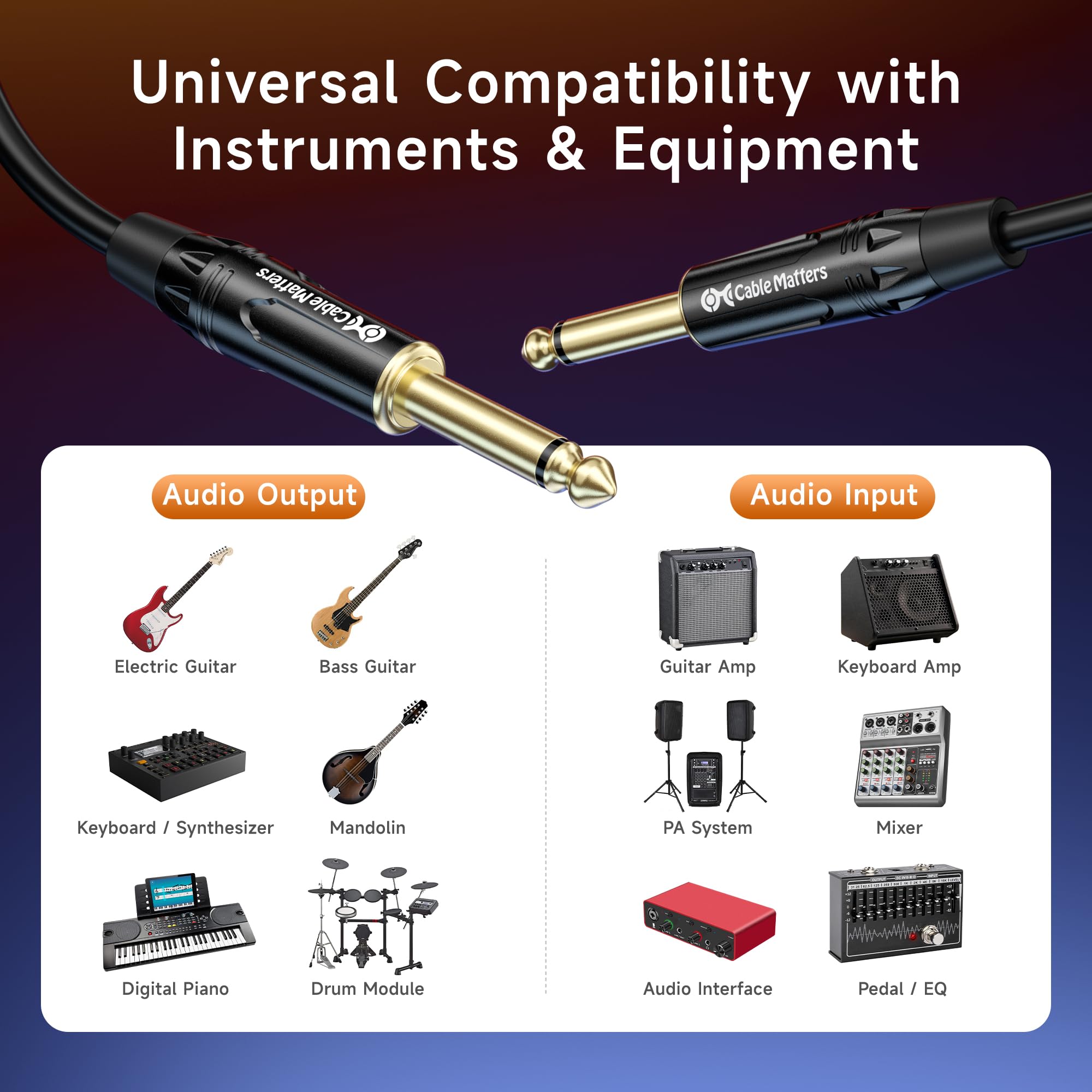 Cable Matters 2 Pack 1/4 Inch TS to TS Electric Guitar Cable 6 Feet   Guitar Cord/Guitar Amp Cord/Instrument Cable for Electric Guitar, Mandolin, Bass AMP, Keyboard, Mixer, Equalizer