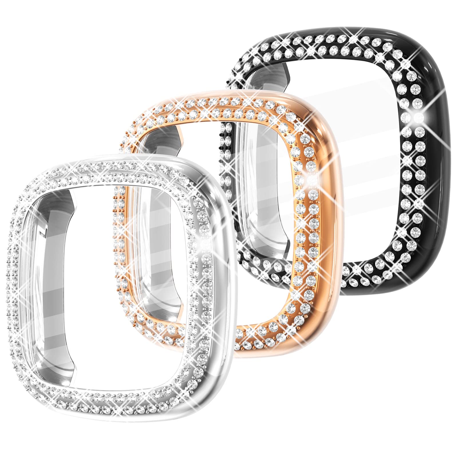 Fullife 3-Pack TPU Bumper for Fitbit Versa 4 Screen Protector, Crystal Diamond Bling Case HD Full Protective Cover for Men Women