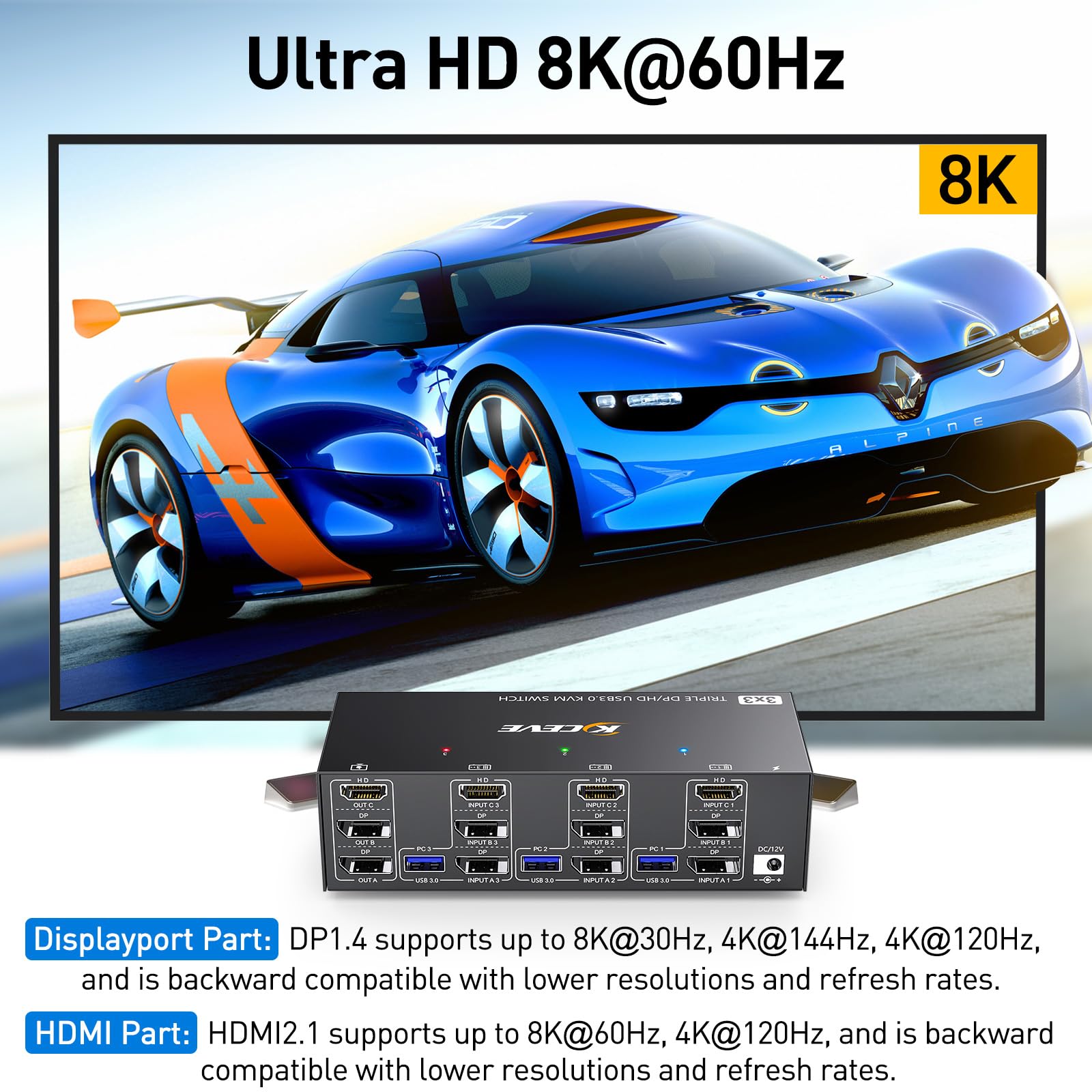2 Displayport + Hdmi Usb 3.0 Kvm Switch 3 Monitors 3 Computers, 8K@60Hz,4K@144Hz Triple Monitor Kvm With 4 Usb 3.0 Ports, Kvm Tr