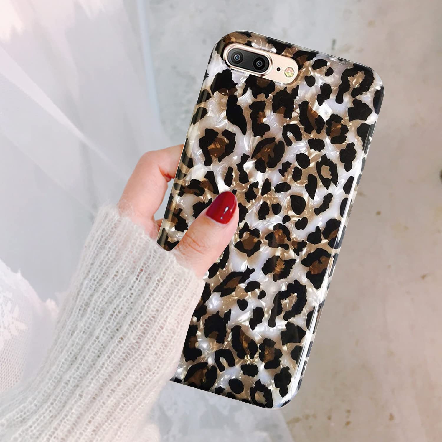J.West Iphone 8 Plus/Iphone 7 Plus 5.5 Inch Case, Luxury Sparkle Translucent Clear Leopard Cheetah Print Pearly Design Soft Sili