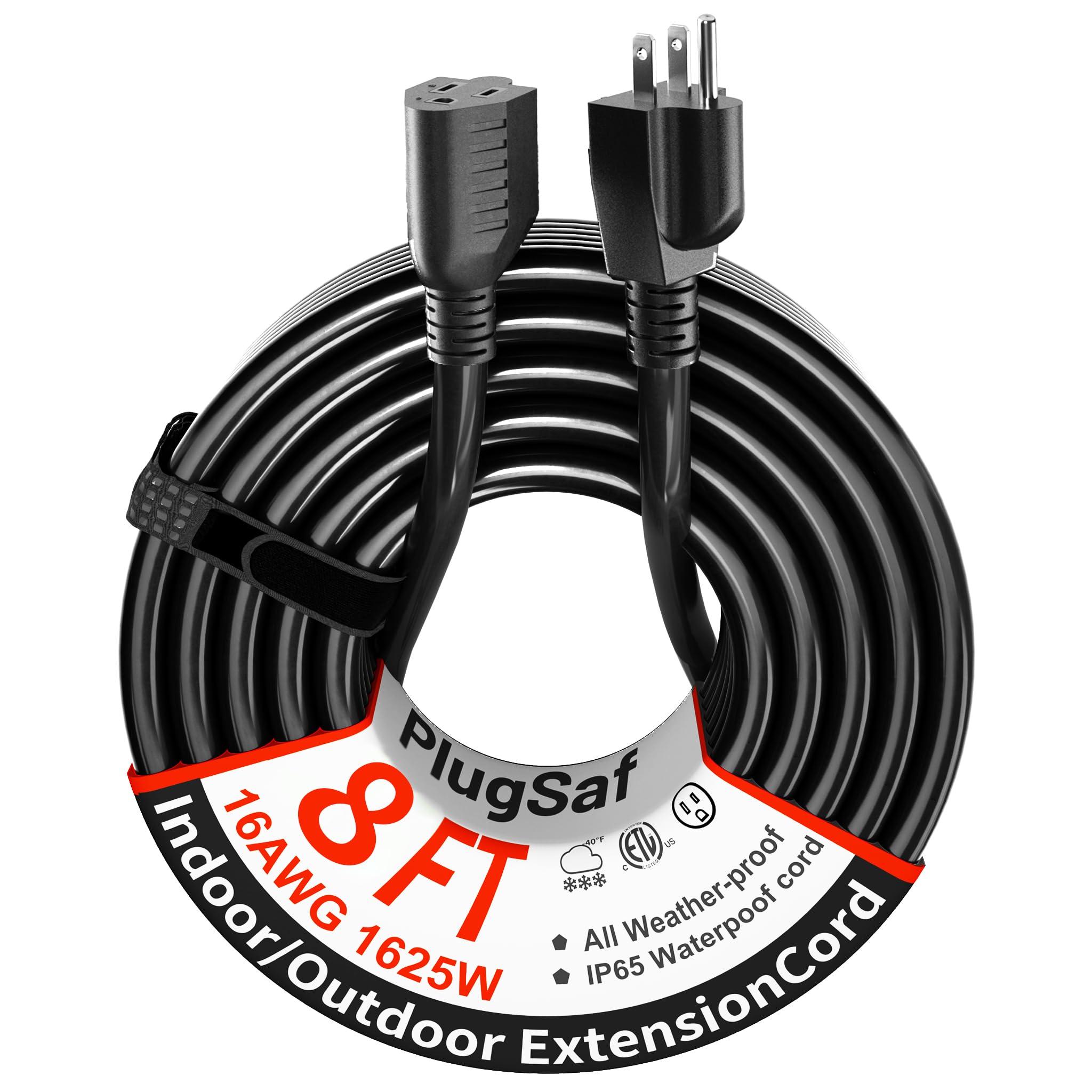 Plugsaf Black Outdoor Extension Cord 8 Ft 16/3 Gauge Waterproof, Cold Weatherproof  58?F, Flame Retardant, Flexible 3 Prong Heav