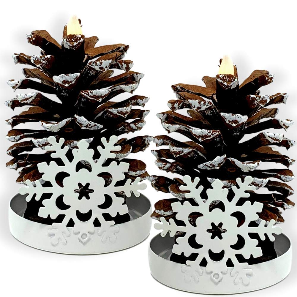 Banberry Designs Lighted Pine Cone Led   Set Of 2   Real Pine Cones With Lighted Flameless Candle Brushed With Snow And Each Is