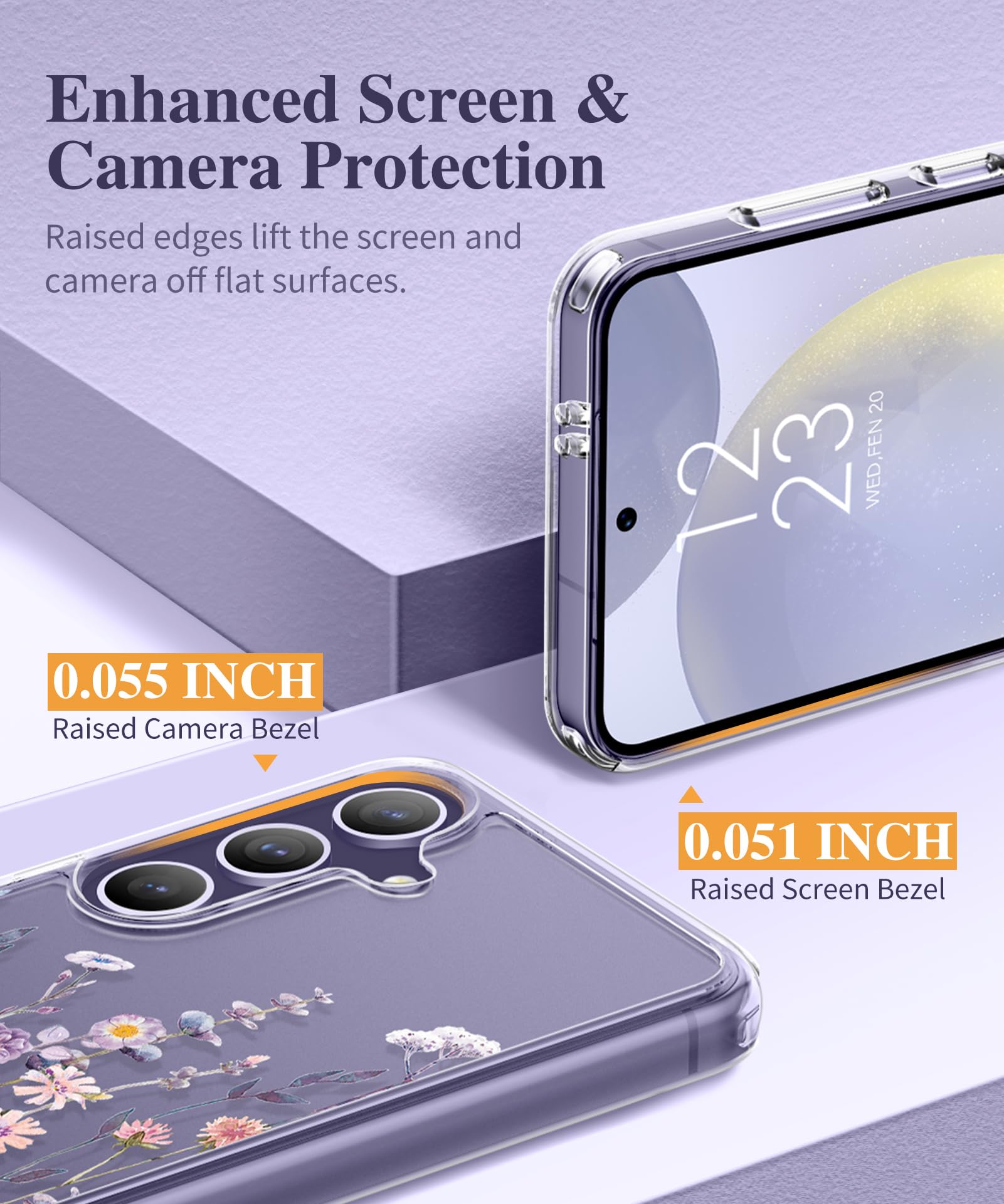 Gviewin For Samsung Galaxy S24 Case Floral, With Screen Protector & Camera Lens Protector, Hard Pc&Tpu Bumper Clear Shockproof P