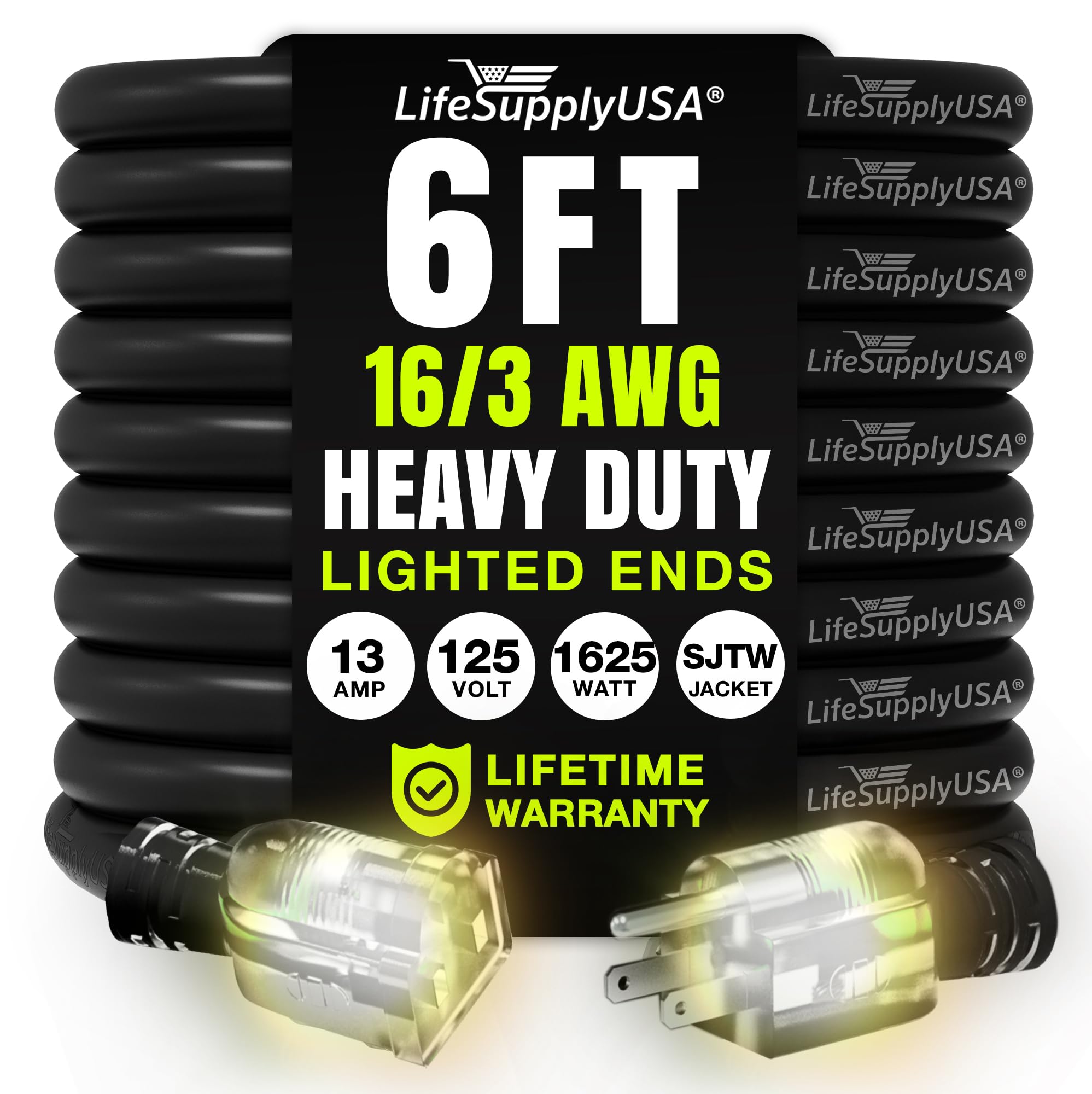 Lifesupplyusa 6Ft Outdoor/Indoor Extension Cord 16/3 Gauge Heavy Duty 3 Prong Sjtw, Waterproof, Flexible Cold Resistant Long Pow
