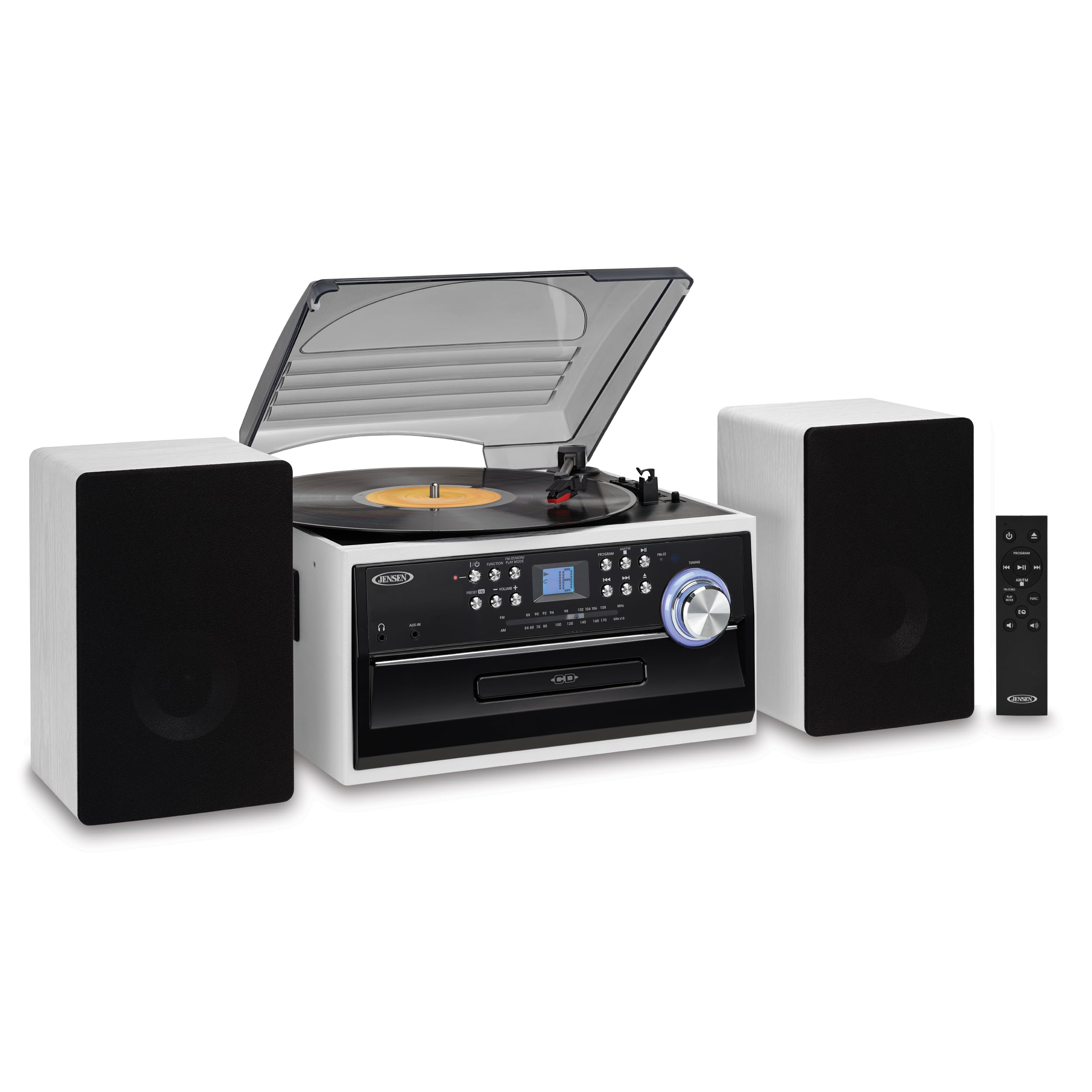 Jensen JTA-475 3-Speed Turntable with CD, Cassette & AM/FM Stereo Radio - White + Bonus 2 Pack Record Player Replacment Needles