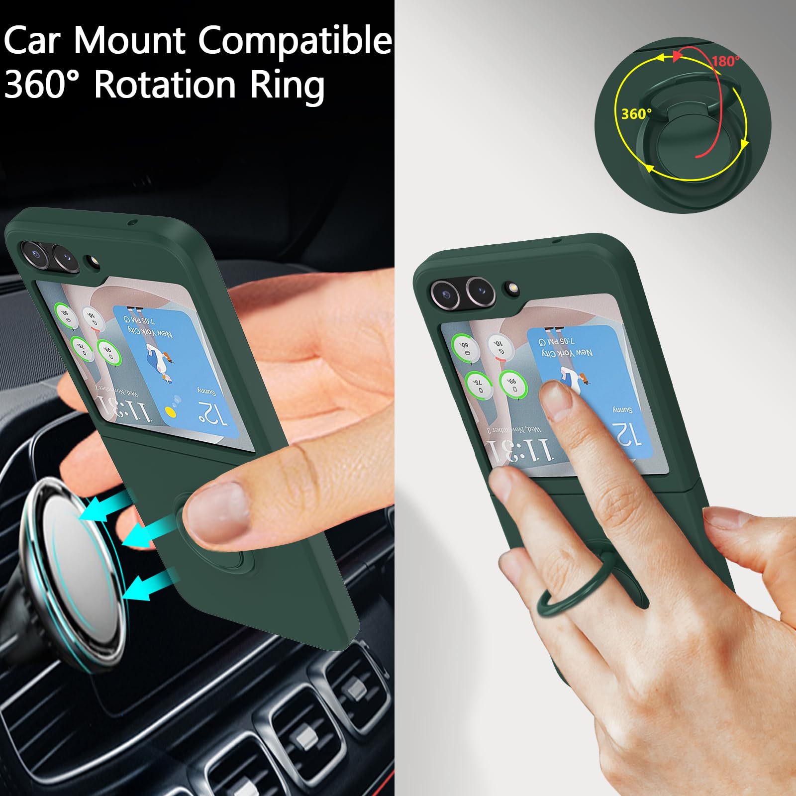 Ueebai Case For Samsung Galaxy Z Flip 5 5G, Slim Liquid Silicone Phone Case With 360 Rotatable Ring Holder Kickstand Fashion Mag