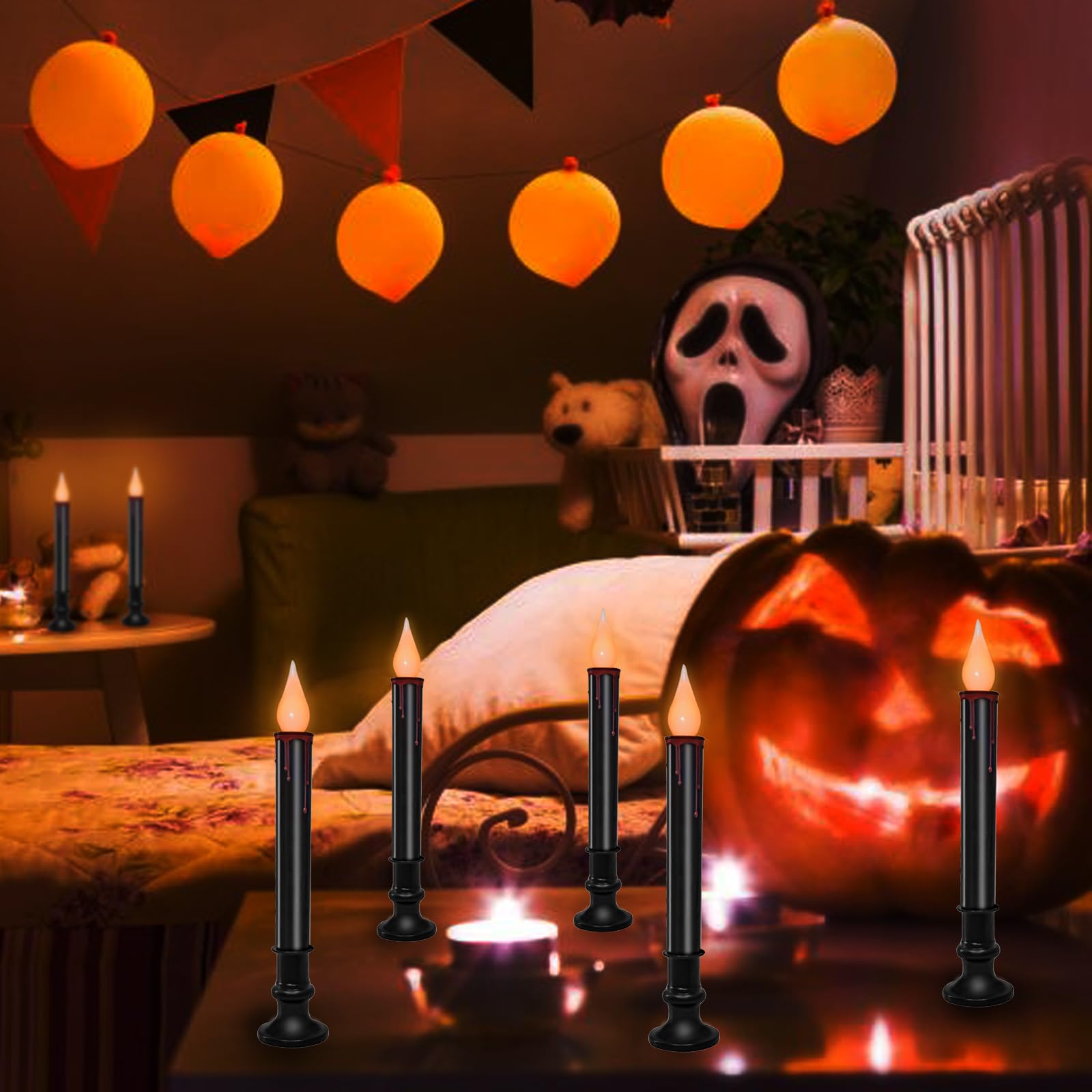 Sunsgne 9'' Halloween Window Battery Operated Candle Lights With Led Flameless Flicker Lights, Black Candles Automatic Timer Lam