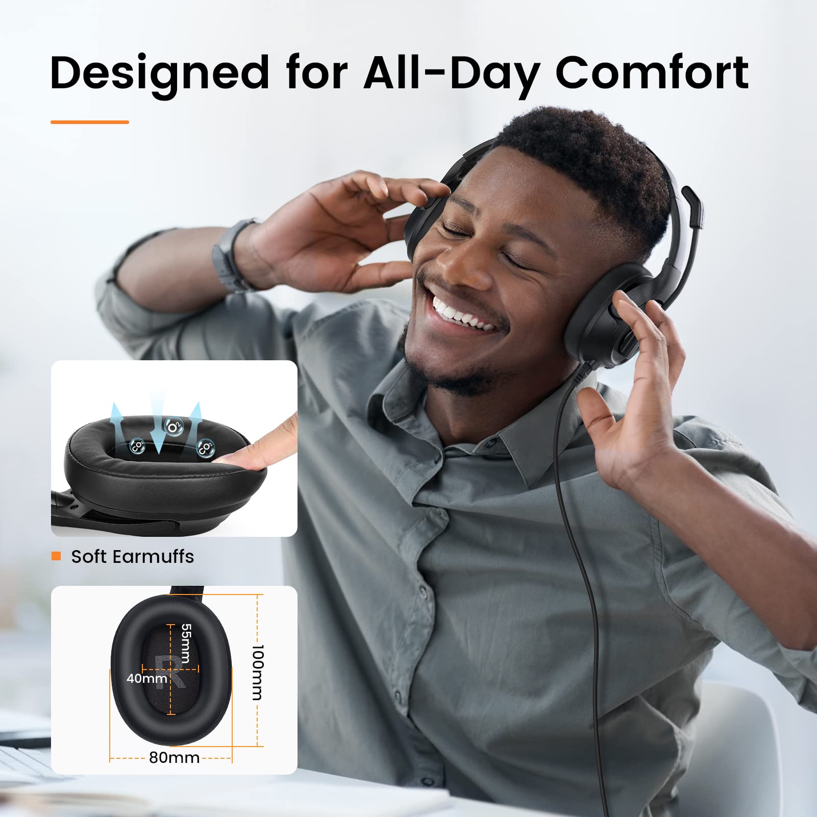 Eksa Headset With Microphone For Laptop, Wired Computer Headset With Volume & Mic Mute Controls, Lightweight Pc Headphones For O