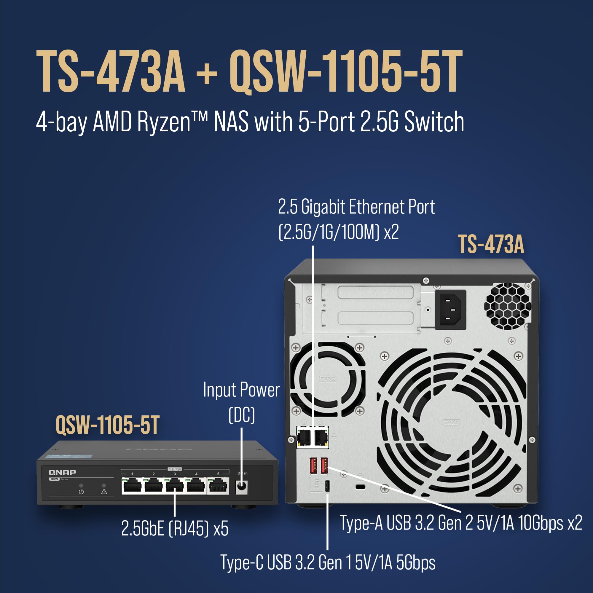 Qnap Ts 473A 4 Bay Amd Ryzen Quad Core 2.5Gbe Nas With Qsw 1105 5T 5 Port 2.5Gbe Unmanaged Switch