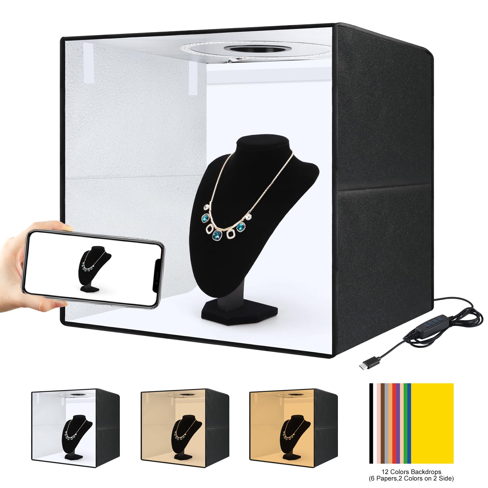 Photo Box 20'' X 20'' Portable 20W Pd Type C Ring Light Studio Box Quick Install Foldable Portable Studio Kit 12 Color Backgroun