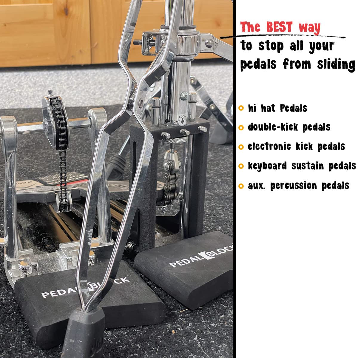 Pedalblock - Hi-Hat And Pedal Anchor System - Total Slide Prevention - For Double Kick Pedal, Hi-Hat Stand, Keyboard Pedal, Elec