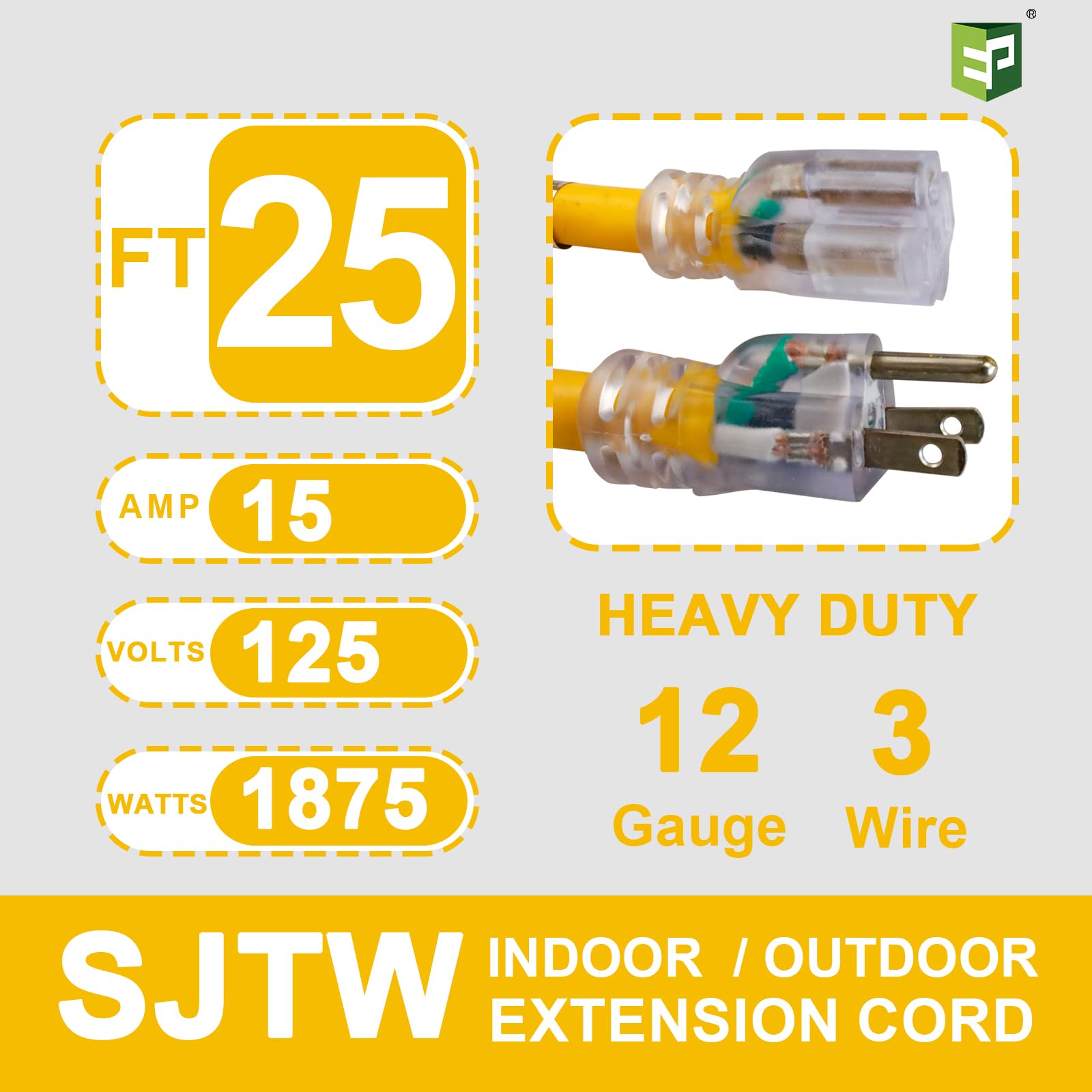 Ep 25 Ft Lighted Outdoor Extension Cord   12/3 Sjtw Heavy Duty Yellow Extension Cable With 3 Prong Grounded Plug   15Amp Power C