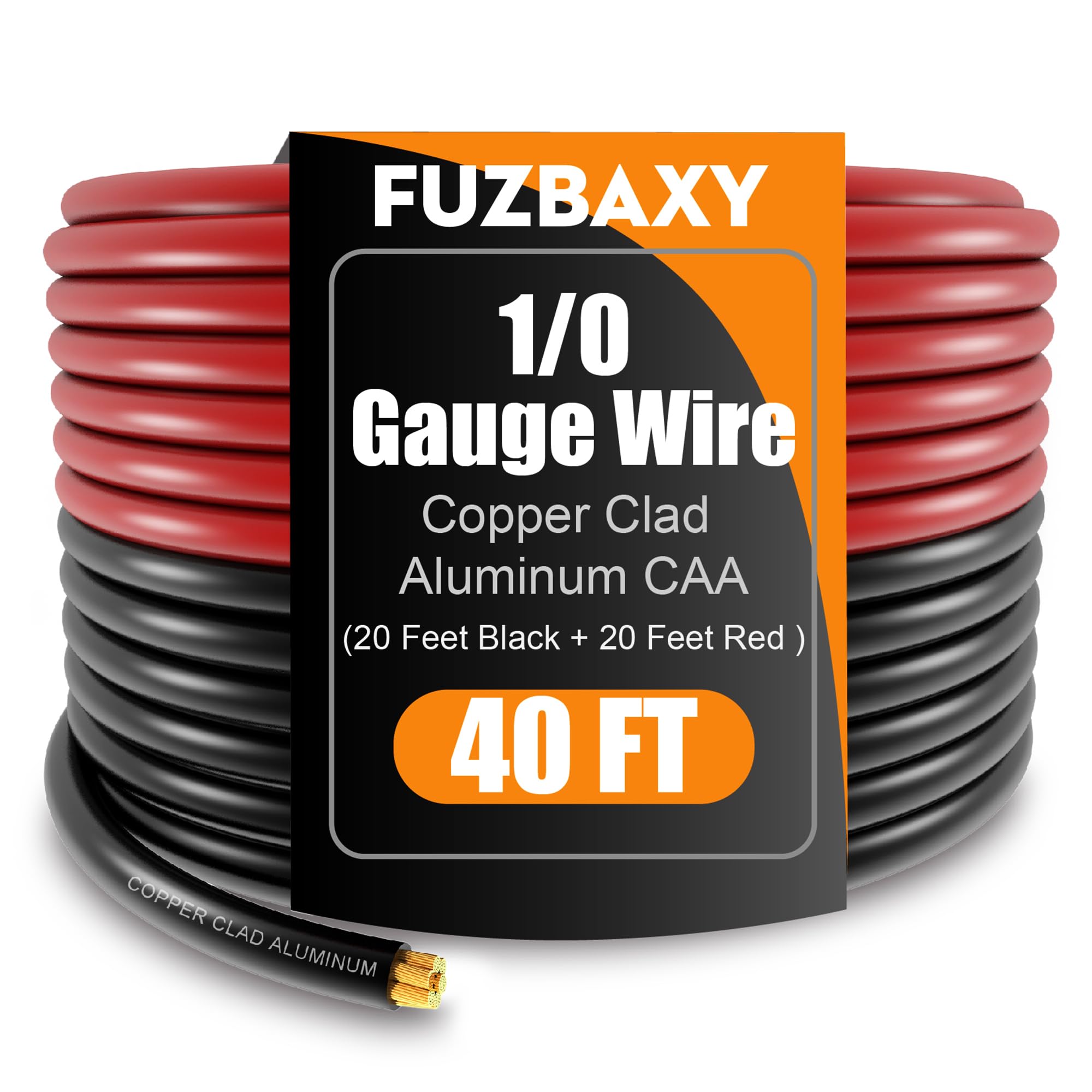 Awg 1/0 Gauge Wire (20 Feet Black+20 Feet Red) Copper Clad Aluminum Cca   Primary Automotive Wire Power/Ground,20Pcs Lugs Termin