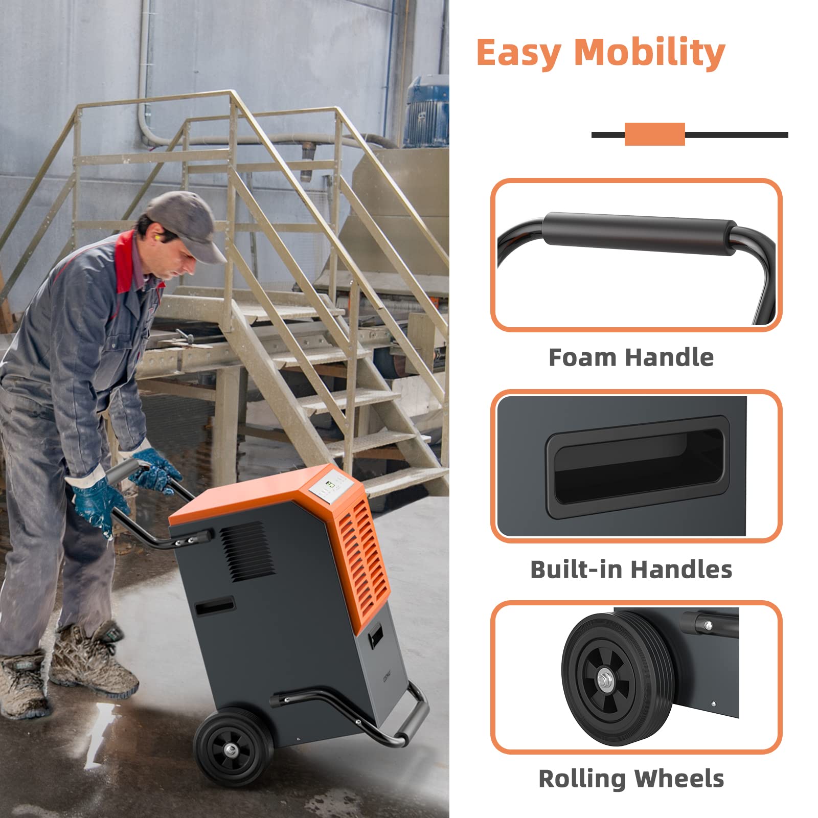 Costway 163 Pints Commercial Dehumidifier, 4500 Sq.Ft Crawl Space Dehumidifier With Drain Hose, 24H Timer, Industrial Dehumidifier For Basement, Warehouse, Job Site (Orange)