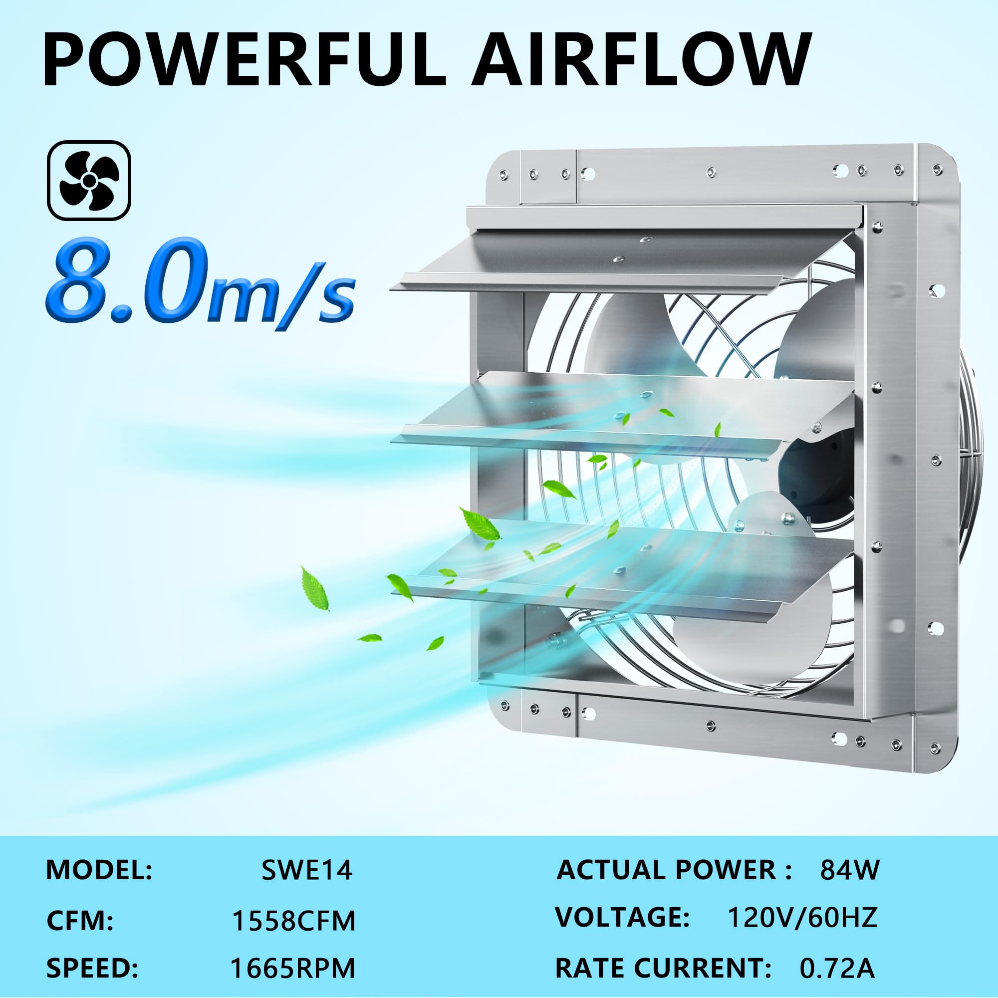 Ficbxra 14 Inch Shutter Exhaust Fan, Aluminum Wall Mounted Exhaust Fan, 1558 Cfm High Speed Automatic Shutter Attic Fan, Vent Fa