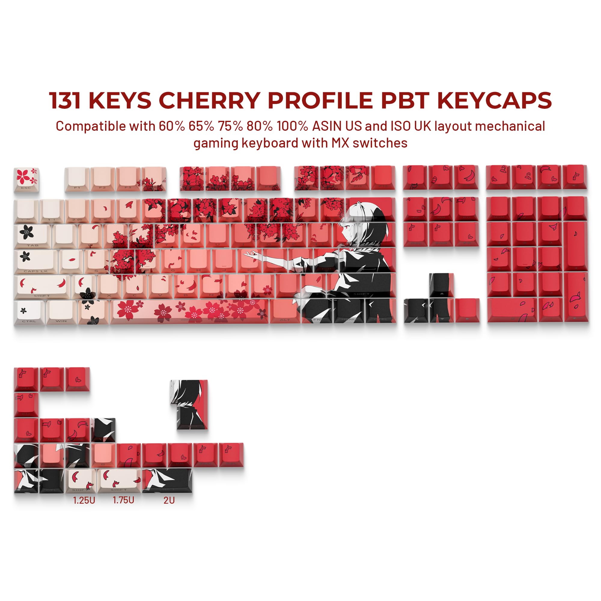Hkfos Shine Through Pbt Keycaps, Double Shot Side Printed Keycaps,Cherry Profile Dye Sub Key Caps, Japanese Anime Keycap Set For