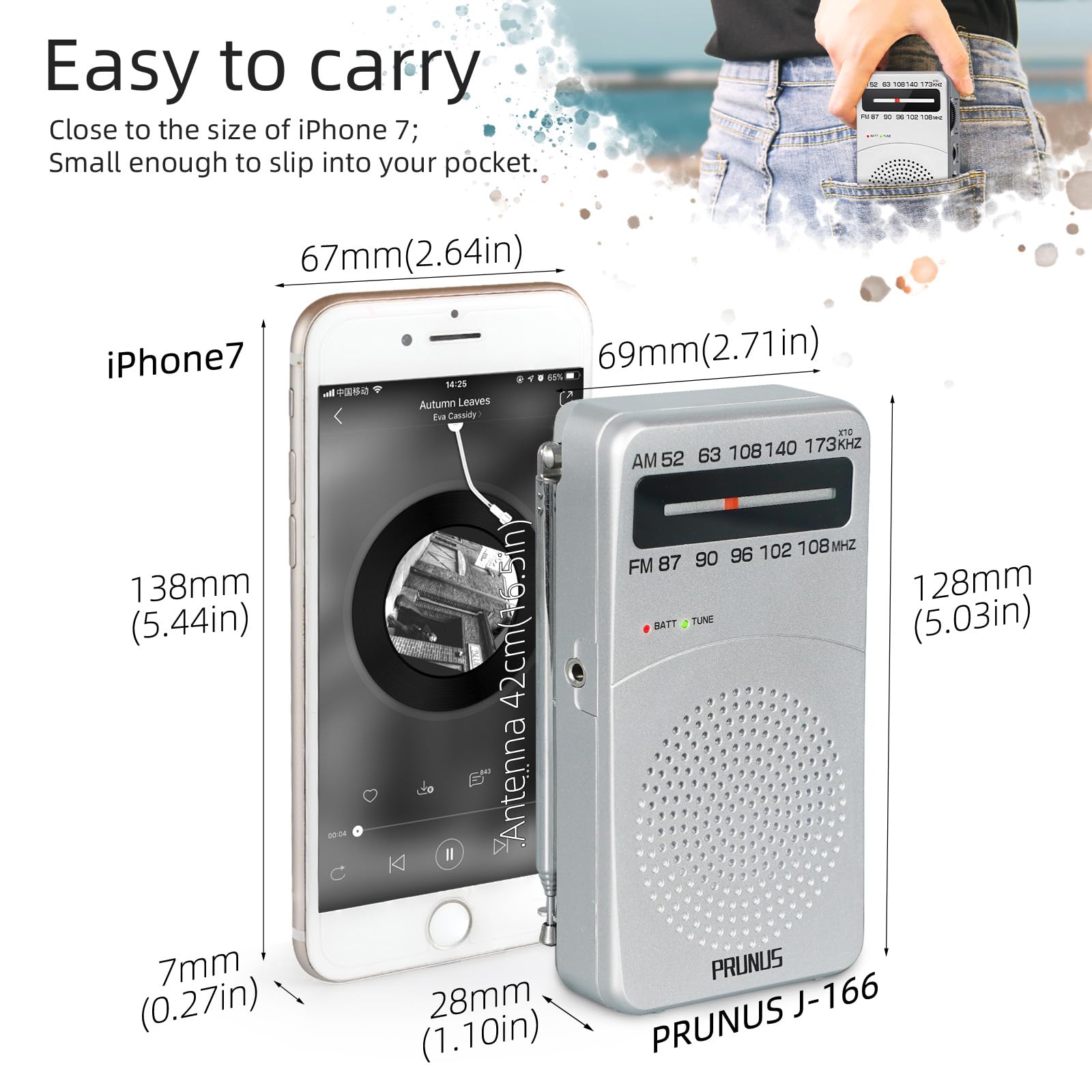 Prunus J 166 Portable Radio Am Fm, Battery Operated Radio With Tuning Light, Back Clip, Excellent Reception For Indoor & Outdoor & Emergency Radio, Am Fm Radio Portable, Transistor Radio