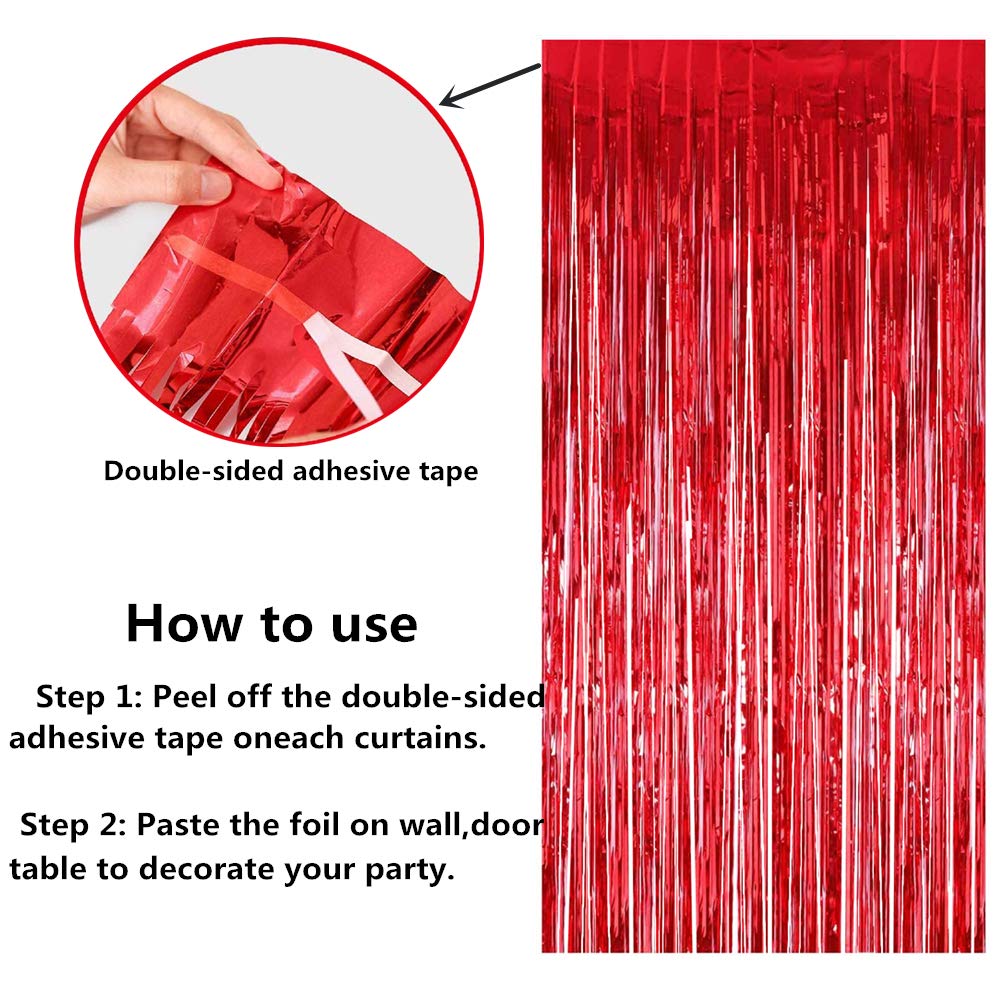 3Pcs Red Fringe Backdrop, 3.2Ft X 8.2Ft Abcty Streamer Backdrop Metallic Tinsel Foil Curtains Party Decor For Birthday Wedding B