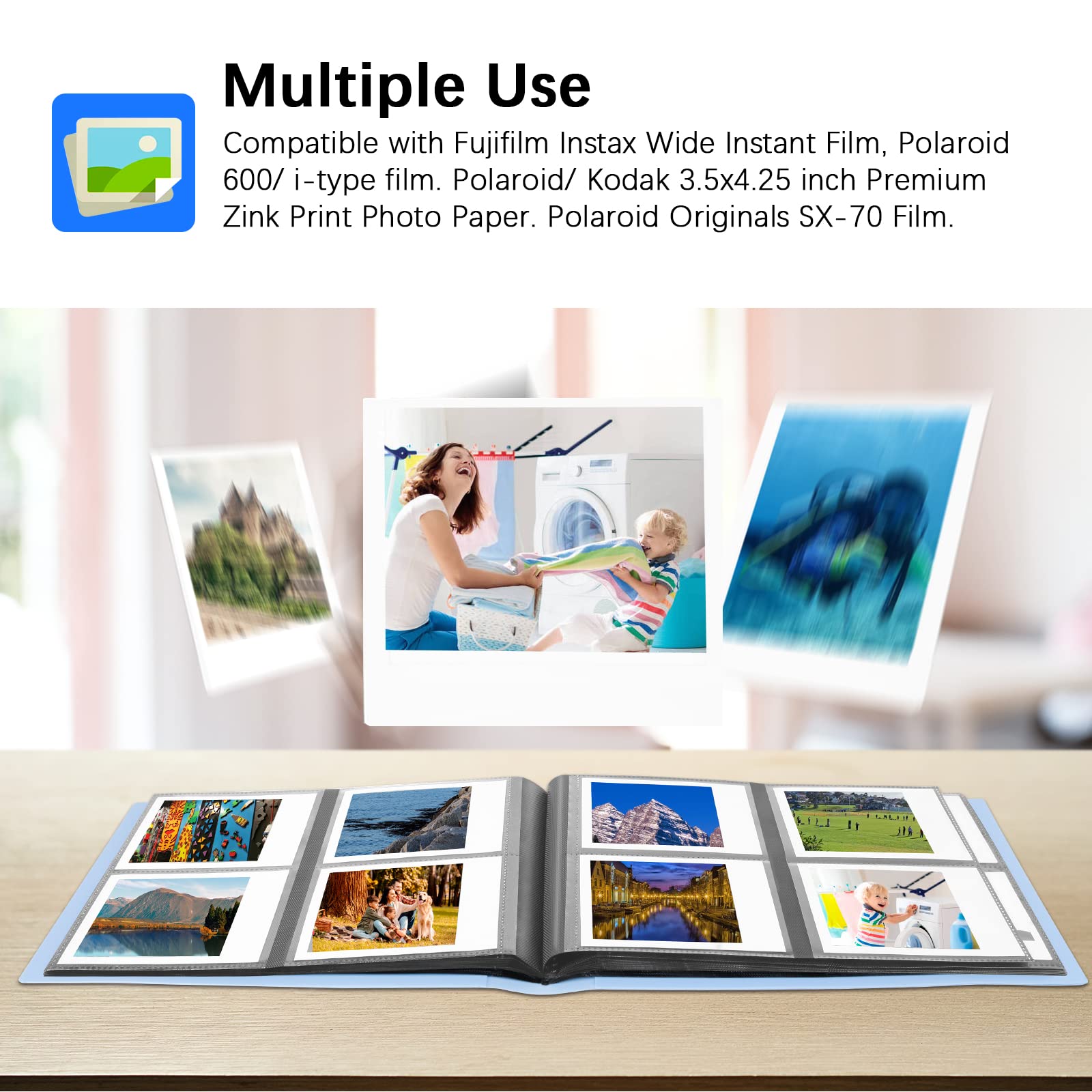160 Pockets Photo Album For Fujifilm Instax Wide 300 Camera, For Polaroid 600 Photo Album, Albums For Polaroid Now+ Now Onestep2 Onestep+ 600 Instant Film Camera, Pop Lab Instant Print Camera (Blue)