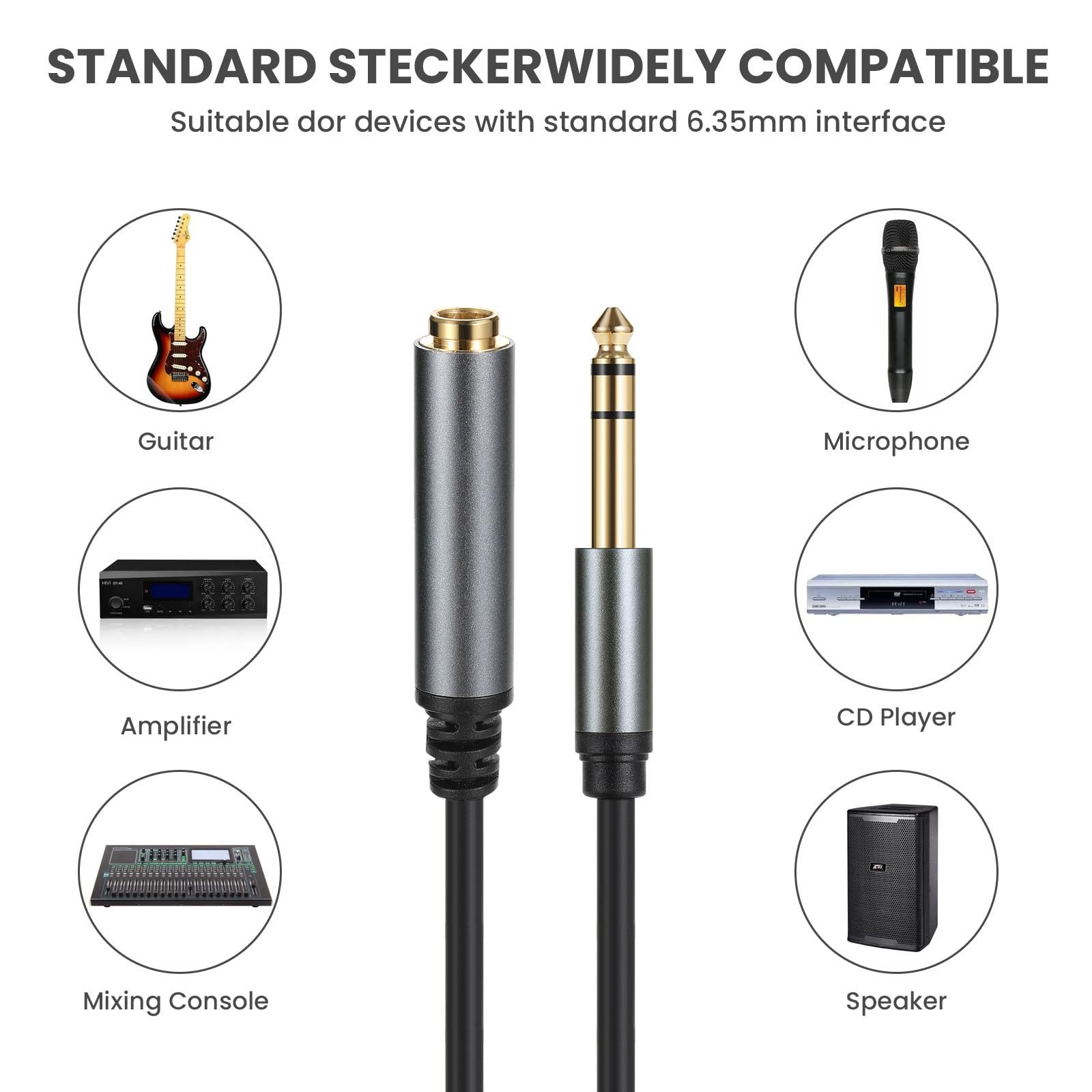 Halokny 6.35Mm To 6.35Mm Instrument Cable, Golden Plated 1/4 Inch Male To Female Trs Stereo Audio Jack For Electric Guitar, Bass