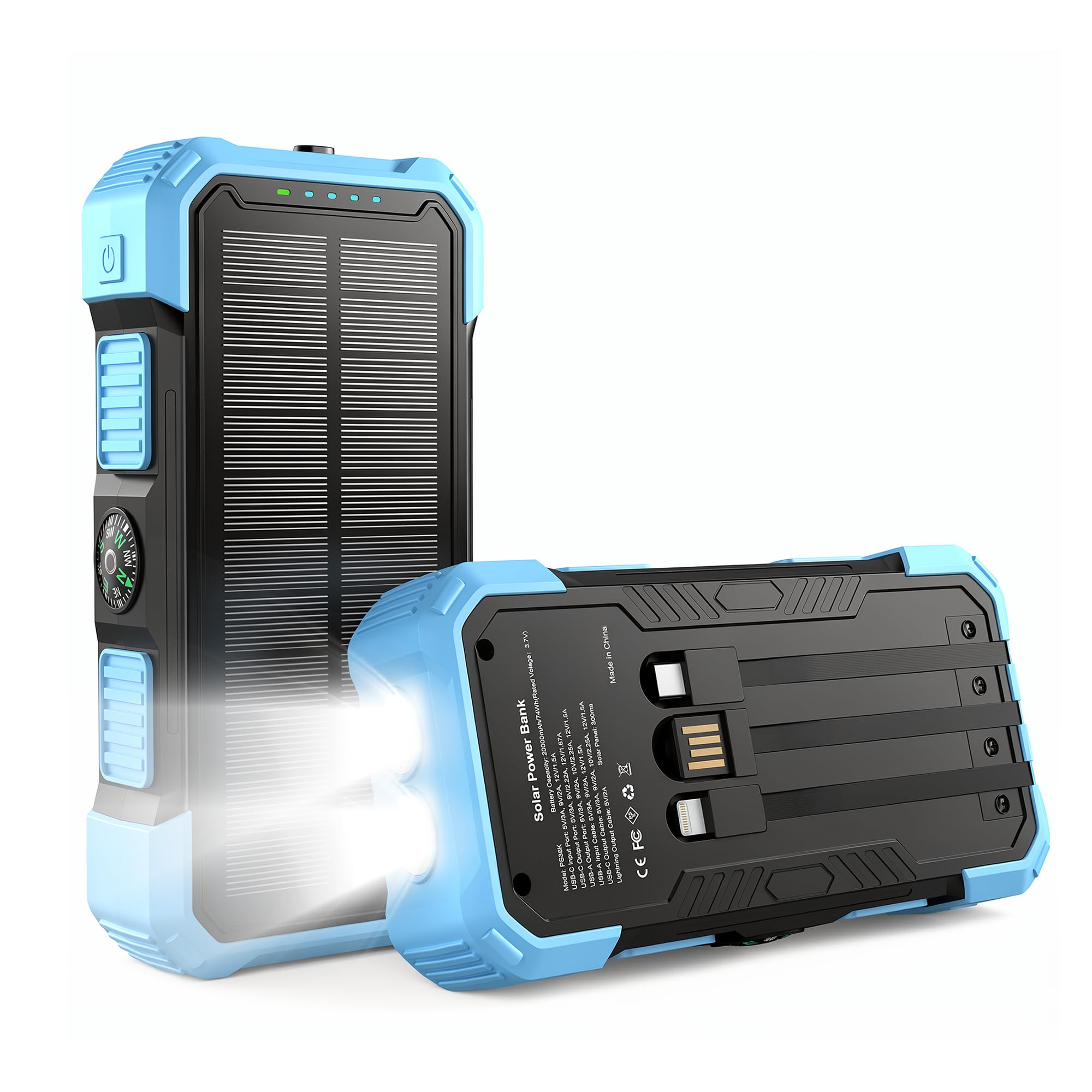 Solar Charger Power Bank 20000mAh, 22.5W PD Fast Charging Portable Charger with 3 Integrated Charging Cables, Dual LED Flashligh