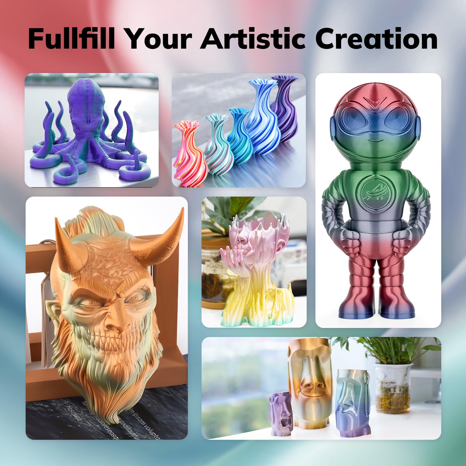 Amolen Silk Pla 3D Printer Filament, Shiny Multicolor Christmas Rainbow Pla Filament 1.75Mm, Gradient Color Change Pla 3D Printi